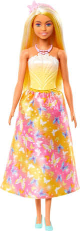Bambola Barbie Reale con capelli fantasia, ciocche colorate, accessori colorati, top giallo sfumato e gonna a farfalla, HRR09 Bambole Naty Shop