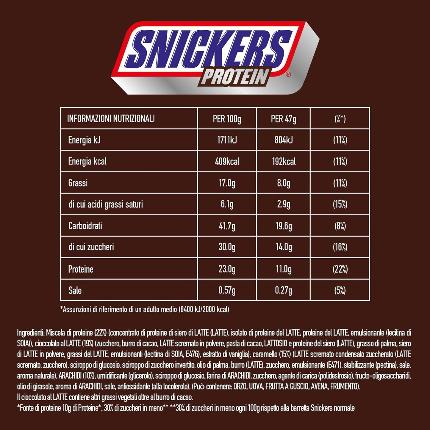 Barrette proteiche Snickers al cioccolato - Gusto ricco con caramello alle nocciole e torrone, confezione sfusa 18x47 g