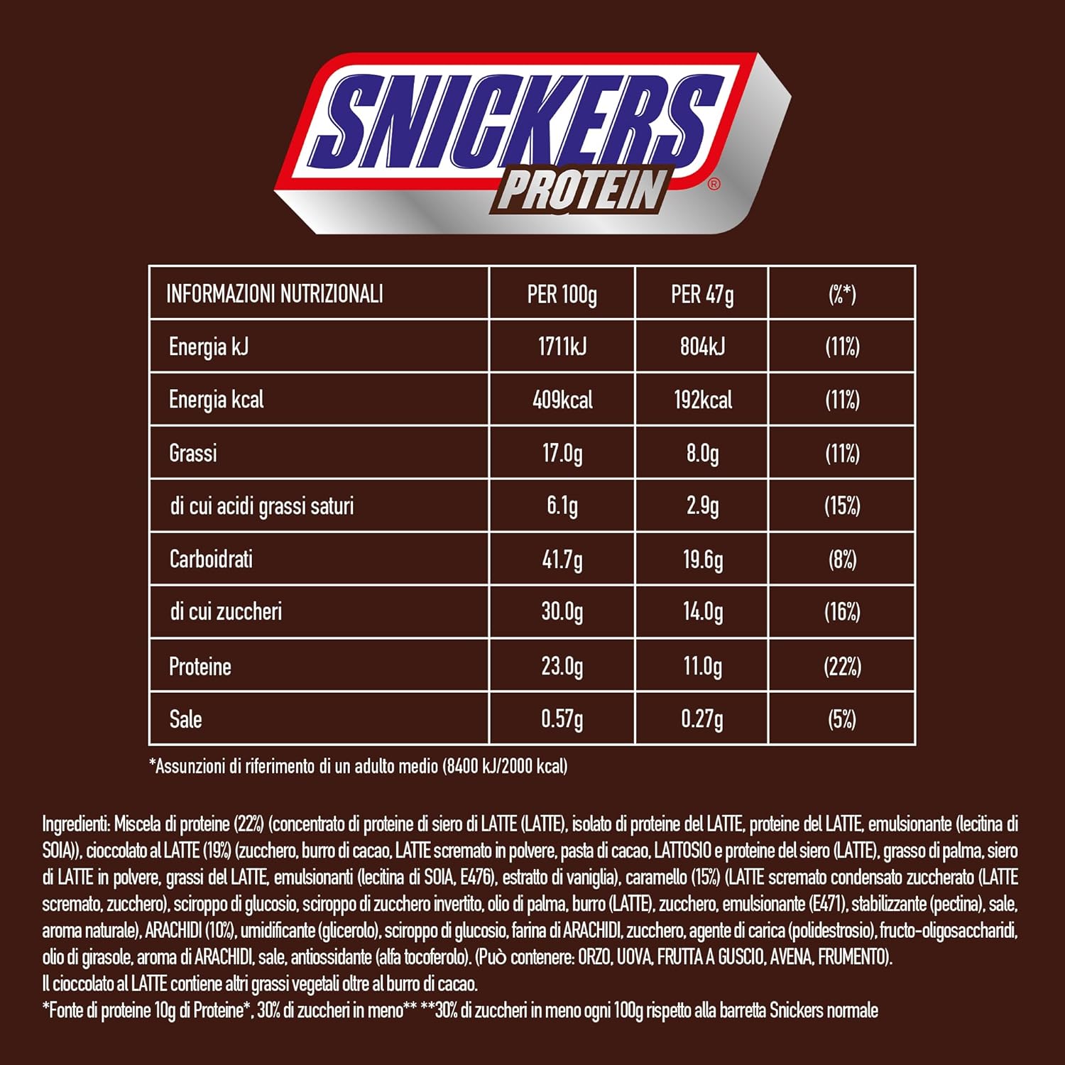Barrette proteiche Snickers al cioccolato - Gusto ricco con caramello alle nocciole e torrone, confezione sfusa 18x47 g