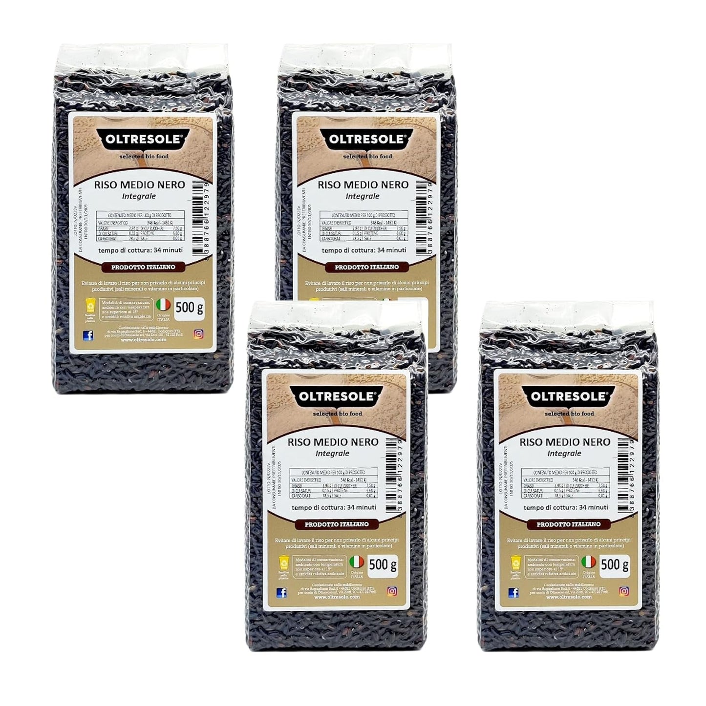 Riso Italiano Integrale, Riso Non Raffinato Ad Alto Contenuto Di Fibre, Ideale Per Insalate Di Riso Creative E Piatti Sani, Confezionato Sottovuoto, 4 Confezioni x 500g