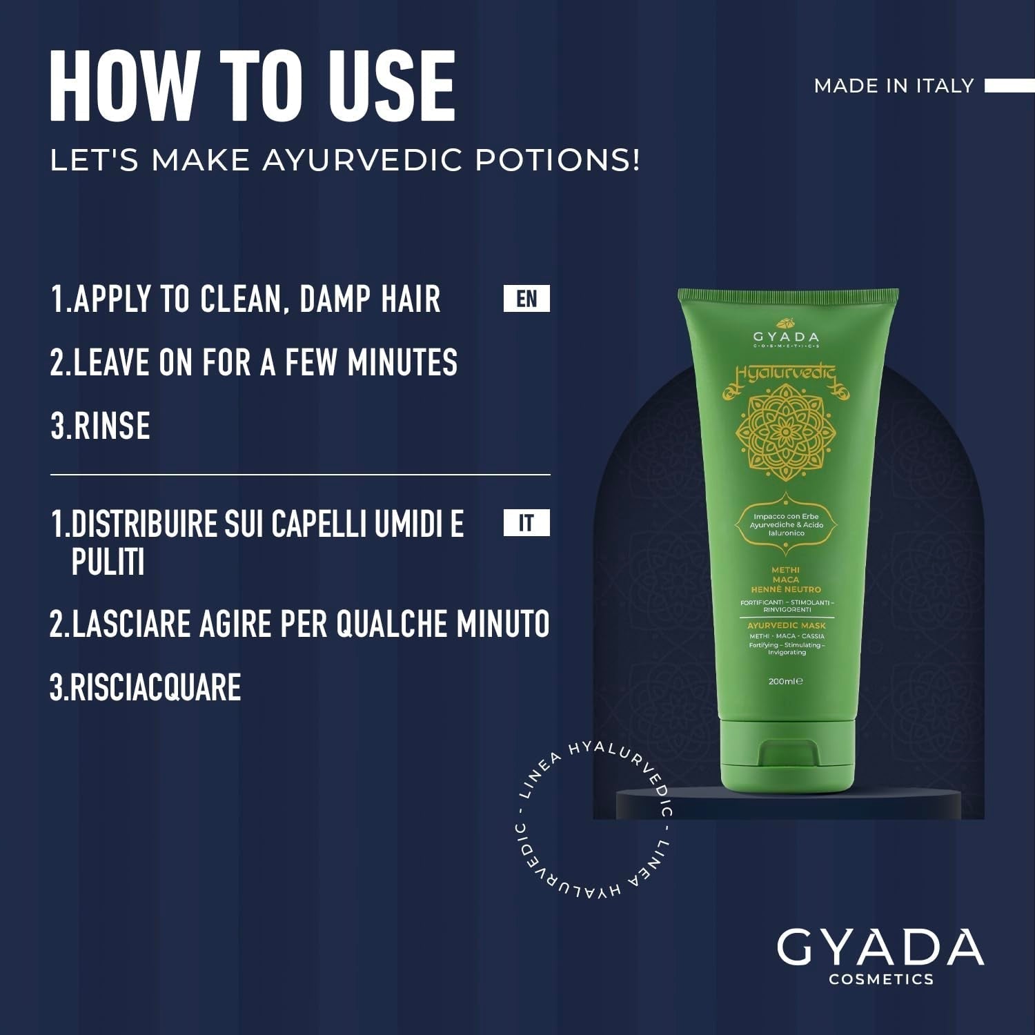 GYADA COSMETICS, Impacco Ayurvedico Rinforzante Ialurvedico, Trattamento Professionale per Capelli Fini e Deboli, Anticrespo con Methi, Maca, Henné Neutro, Maschera Capelli Naty Shop 200ml