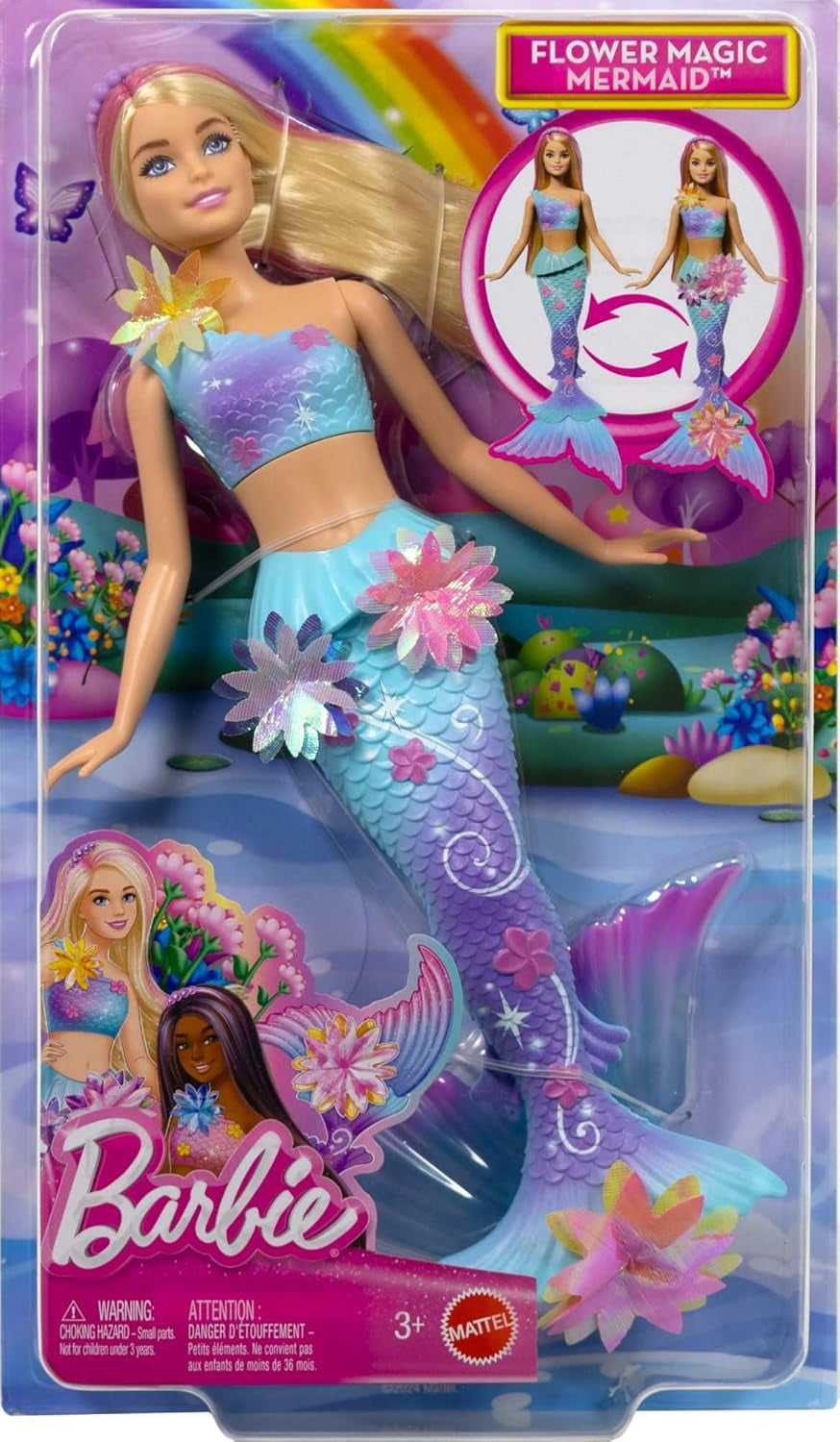 Barbie Meerjungfrauen-Spielzeug Puppe mit magischer Überraschungs Blüte, Schwanzflosse mit Farbverlauf, perlenbesetzten Haarreif und langem blonden Haar mit rosa Strehchen, JDM72