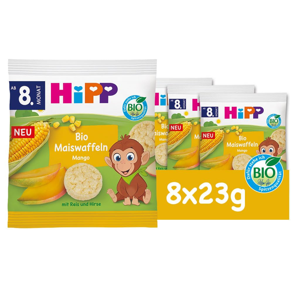 Waffle di mais biologico HiPP con mango (8 x 23 g), spuntino per bambini a partire da 8 mesi, addolcito solo con frutta e verdura, senza glutine, migliore qualità biologica