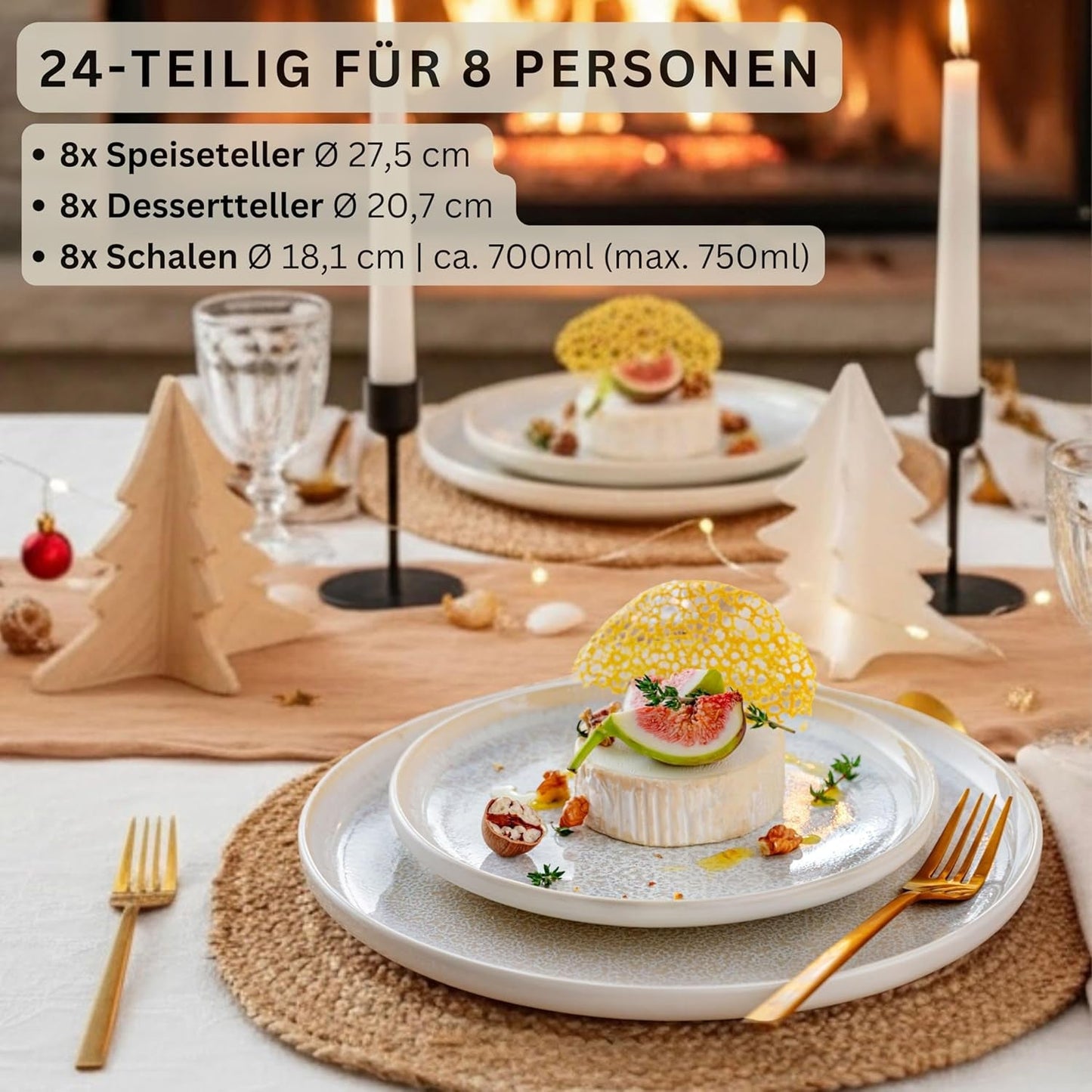 SANGER | Servizio da tavola Corfu da 24 pezzi Servizio da tavola per 8 stoviglie in ceramica fatta a mano, compresi piatti piani, piatti da dessert e piatti Suma, stoviglie color crema con texture sabbia