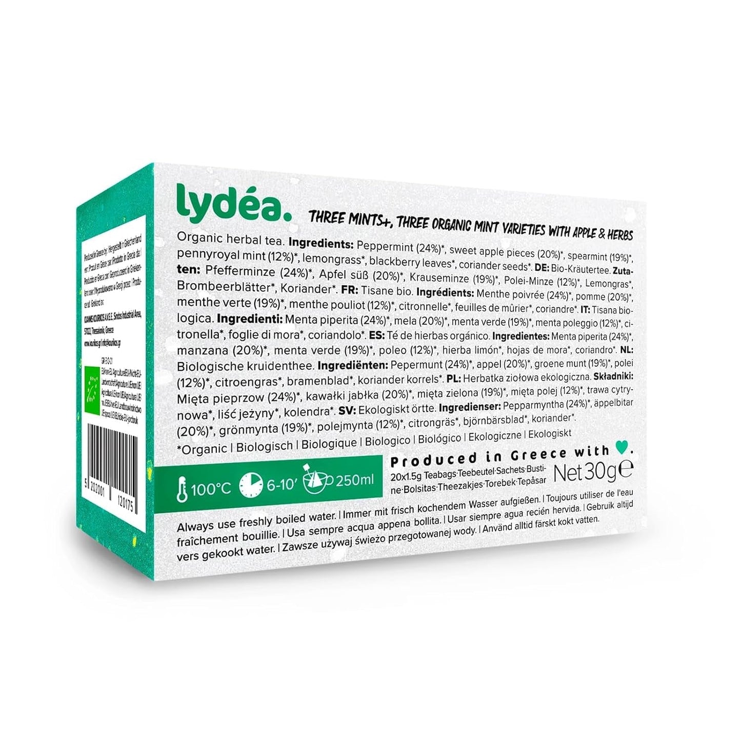 Lydea Three Mints+ Tisana Biologica con Tre Assortimenti di Menta, Mela ed Erbe, 60 Piramidi, Confezione da 3 [3 x 20 Piramidi]