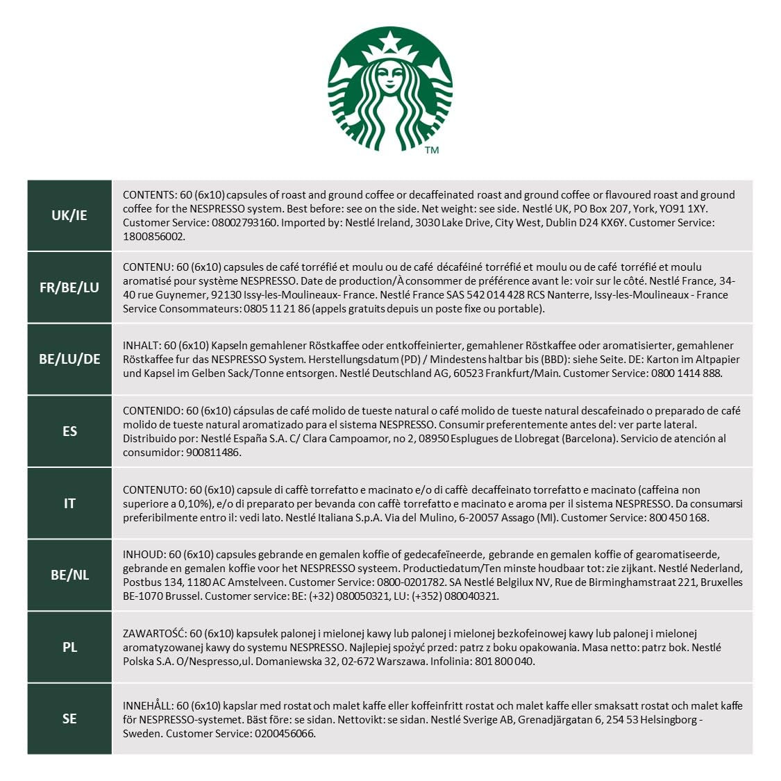 STARBUCKS di Nespresso, Helle Röstung, Vanille Aromatischen Kaffeekapseln 6 x 10 (60 Capsule)
