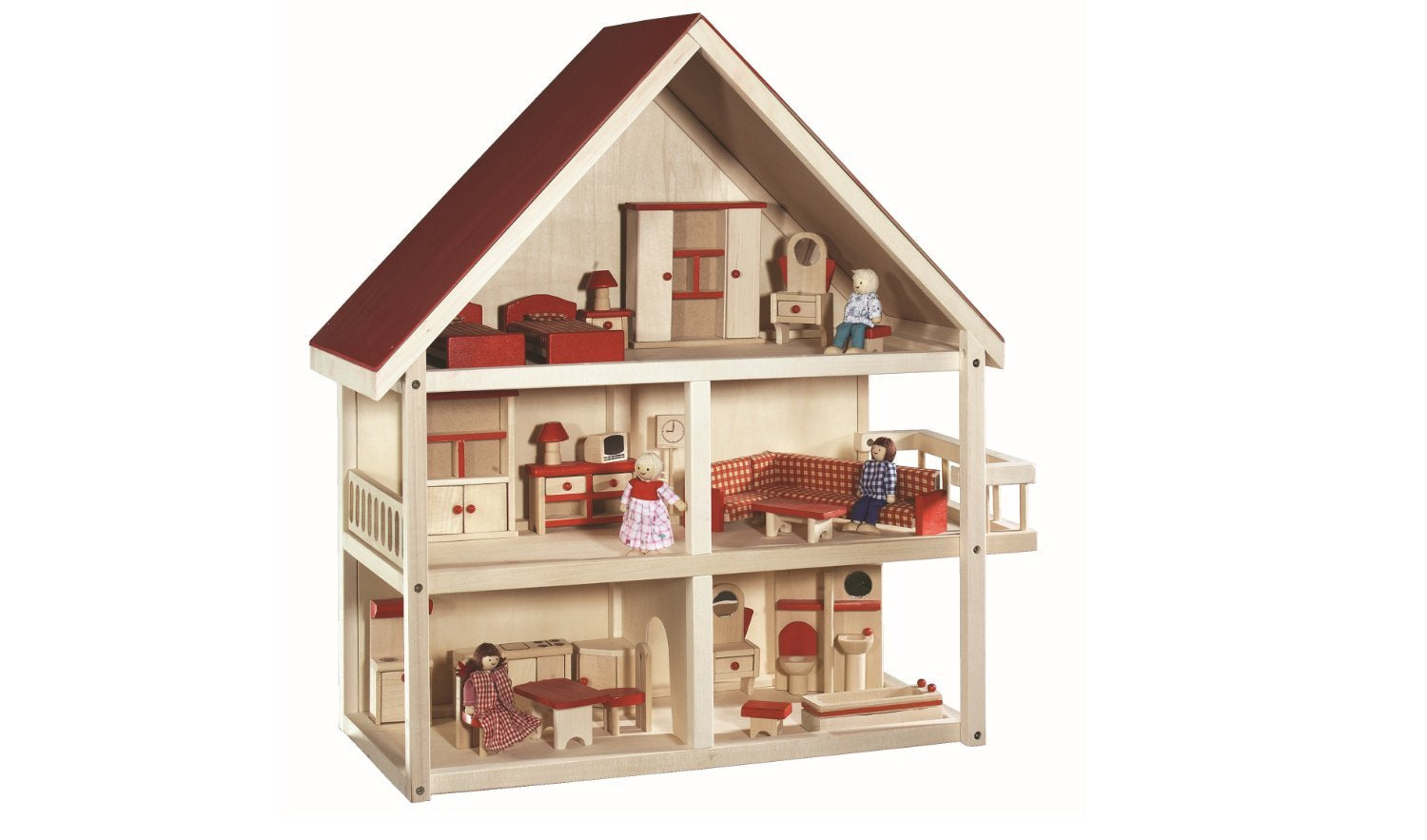 Roba Casa delle bambole Casa delle bambole con mobili e bambole Giocattolo per ragazze Case delle bambole in legno naturale Naty Shop Legno multicolore