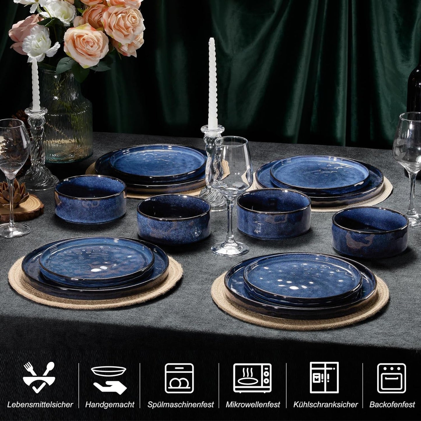 Homikit Servizio Piatti, Servizio Piatti 12 Pezzi per 4, Servizio Piatti Combo con Piatti, Piattini Dessert e Ciotole Cereali, Adatto al Microonde e alla Lavastoviglie, Elegante Blu