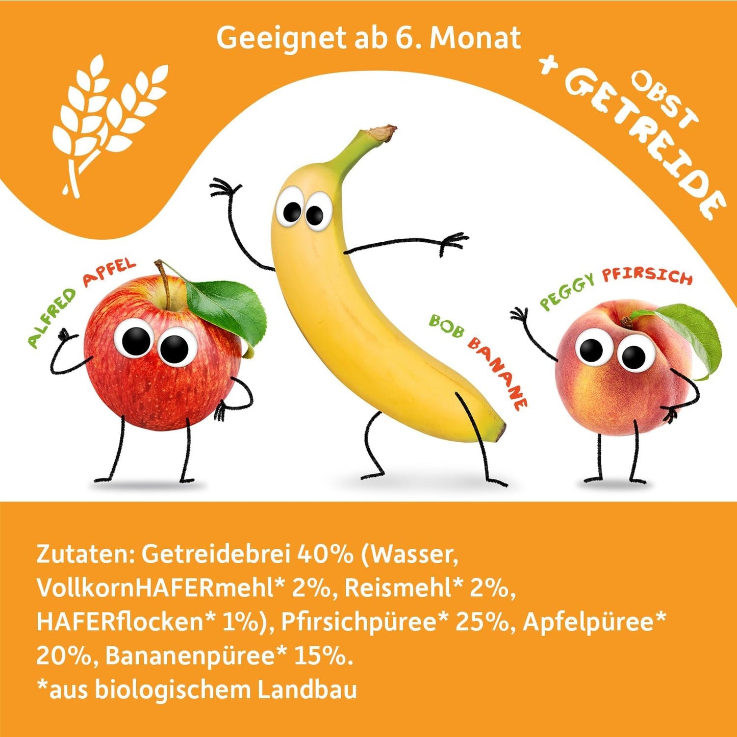 FRECHE FREUNDE Pesca Mela Banana Avena Purea di frutta biologica con cereali in un sacchetto comprimibile per bambini 6 mesi+ Vegano Confezione da 6 (6 x 100 g)