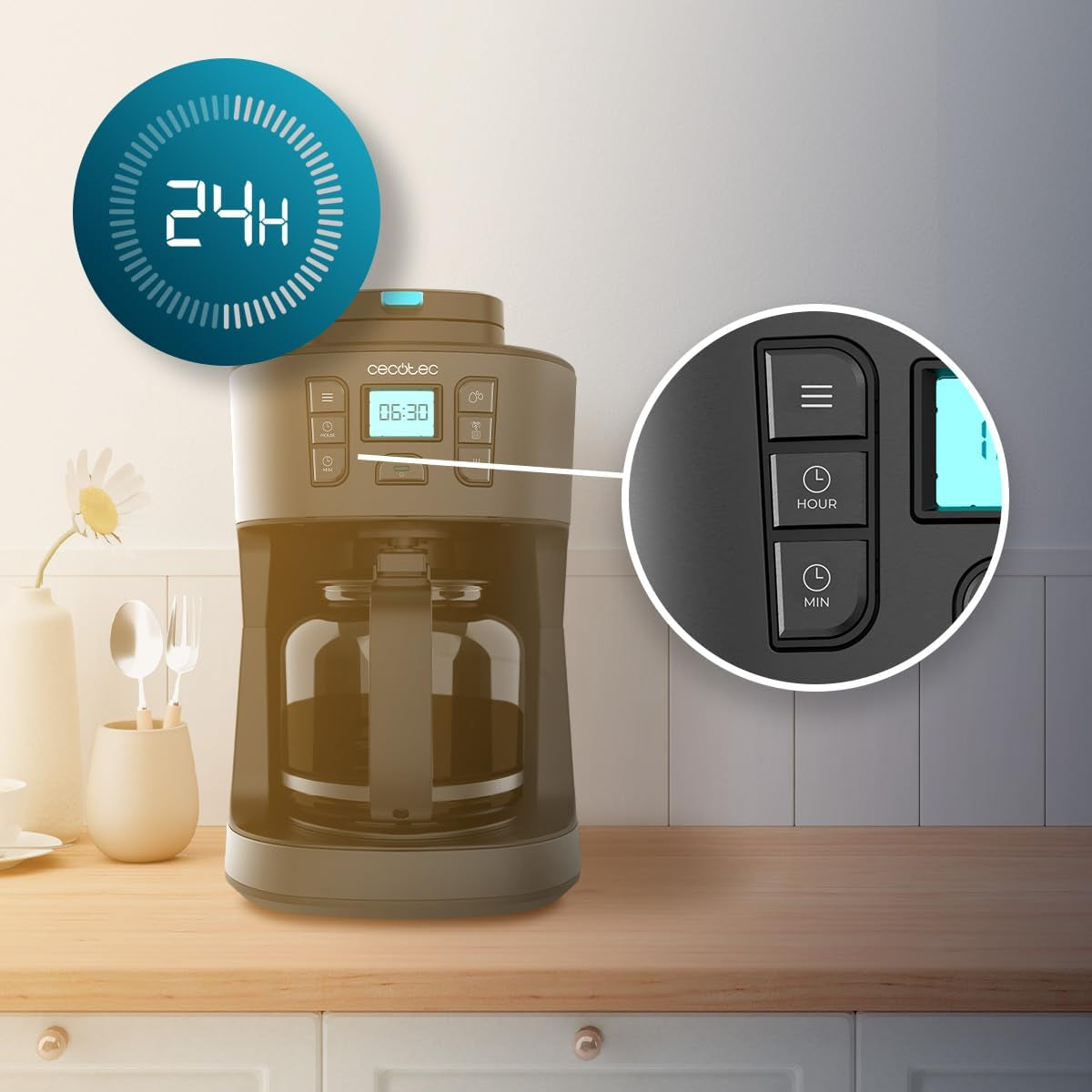 Cecotec Coffee 66 Grind & Drop Caffettiera a goccia essenziale. 1086 W, macinacaffè a lame, fino a 12 tazze, tecnologia Extreme Aroma, digitale, acciaio inossidabile, spegnimento automatico.