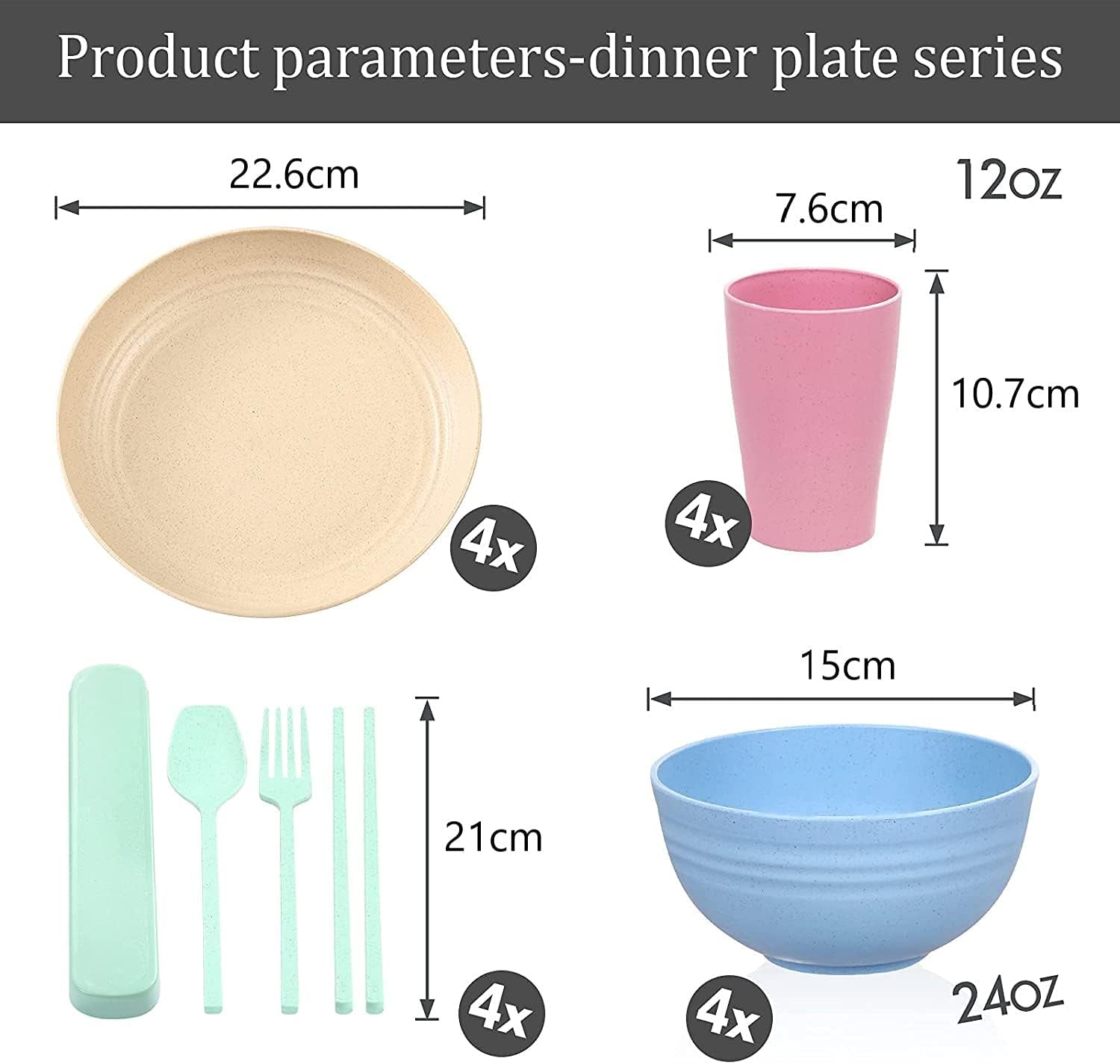 Set di posate in plastica da campeggio per 4 persone, riutilizzabili, indistruttibili, piatti, tazze, ciotole e posate leggere, ecologiche, riutilizzabili, adatte al microonde e alla lavastoviglie