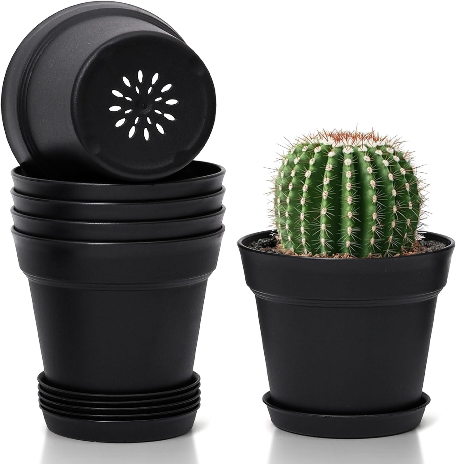 T4U Vaso da Fiori in Plastica con Sottovaso da 16 cm, Set di 6 Vasi per Erbe in Plastica con Fori di Drenaggio Multipli, Vaso Rotondo per Piante Succulente da Interno e da Balcone, Cactus, Bianco