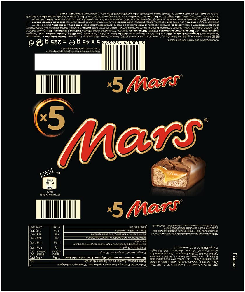 Barrette di cioccolato Mars Cioccolato al caramello 1 confezione da 5 barrette (1 x 225 g) (confezione da 2)