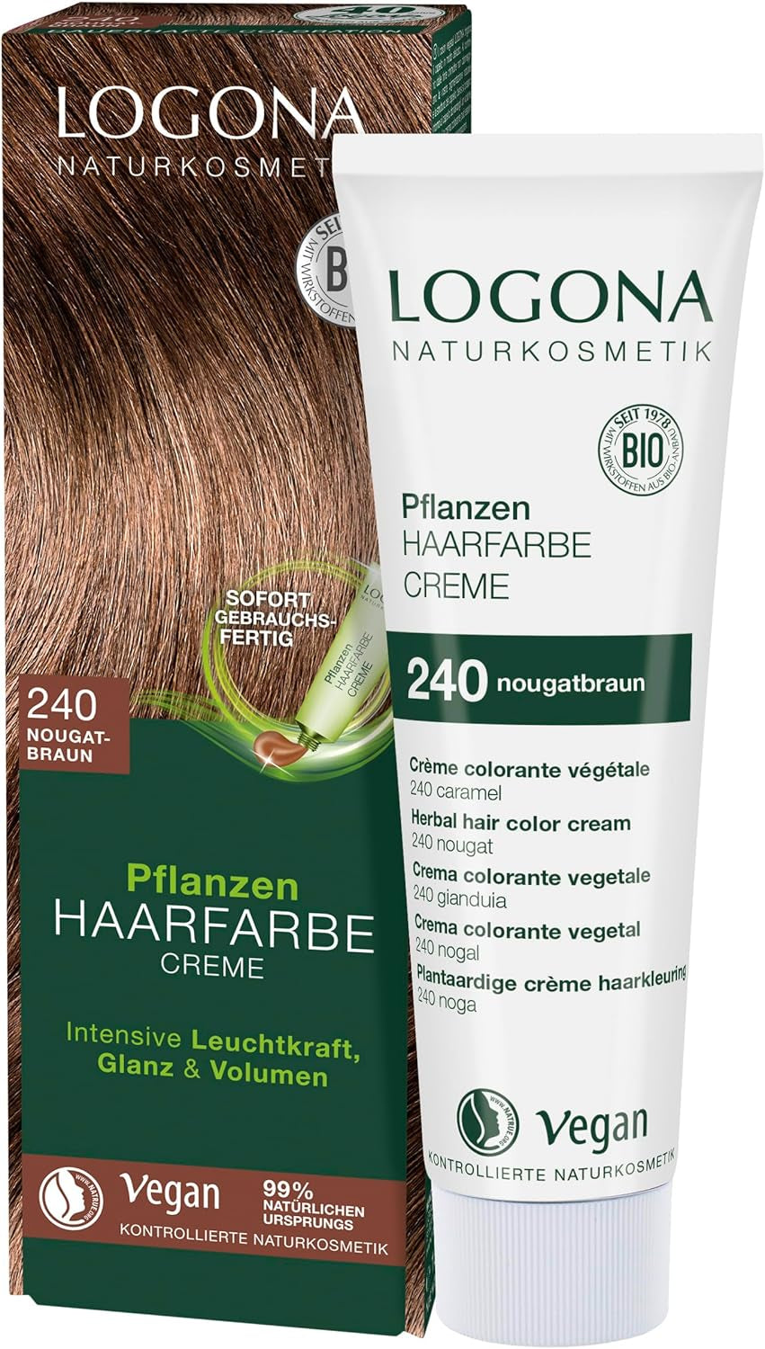 LOGONA Natural Cosmetics Crema colorante vegetale per capelli 240 Nougat Brown, Tintura naturale per capelli castani con henné, crema colorante per toni castani, colorazione per capelli scuri, 150ml Tintura per capelli Naty Shop 240 Nougat Brown