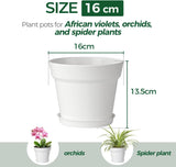 T4U Vaso da Fiori in Plastica con Sottovaso da 16 cm, Set di 6 Vasi per Erbe in Plastica con Fori di Drenaggio Multipli, Vaso Rotondo per Piante Succulente da Interno e da Balcone, Cactus, Bianco