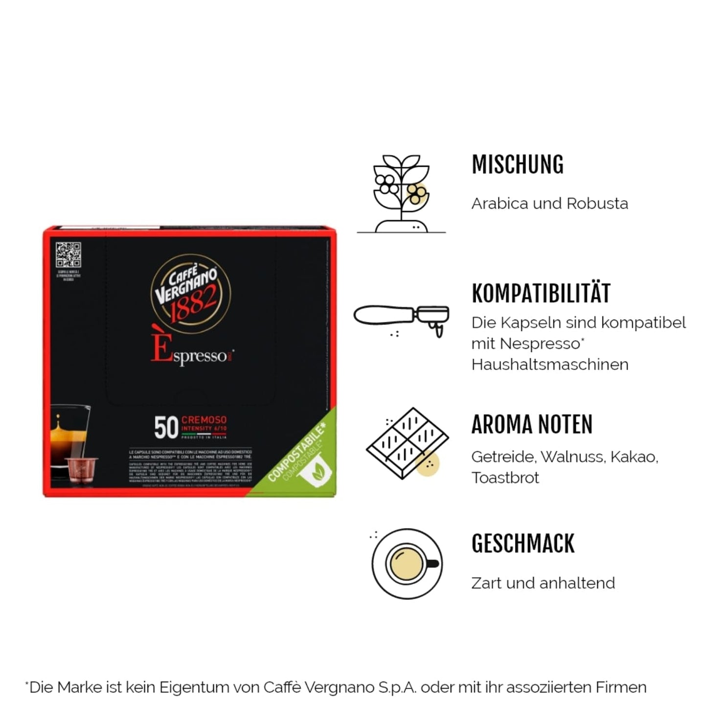 Caffè Vergnano 1882 - Èspresso Kompostierbare Kaffeekapseln, compatibile con Nespresso, Cremoso (Creamy) - Packung Enthält 50 Kapseln