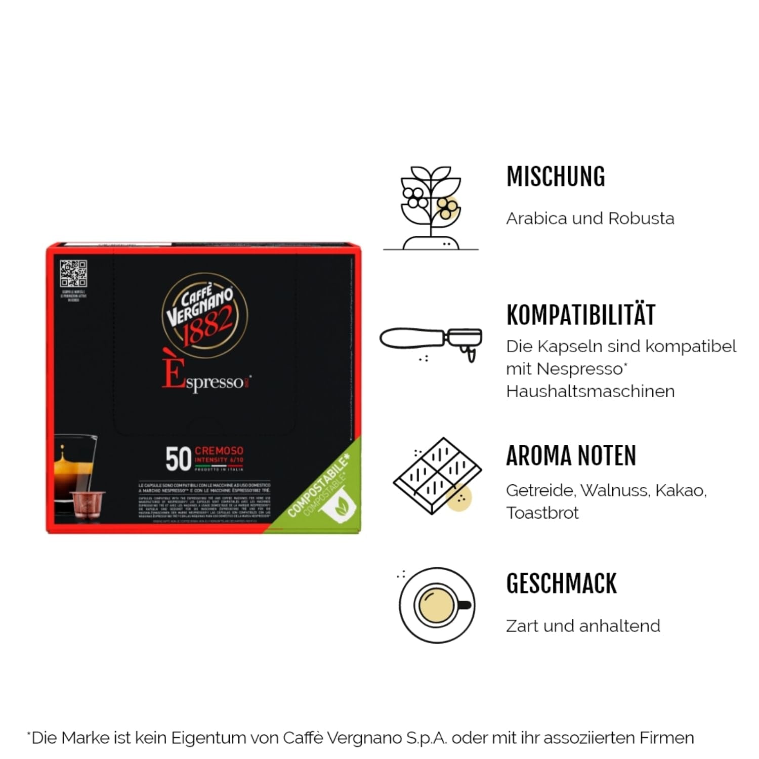 Caffè Vergnano 1882 - Èspresso Kompostierbare Kaffeekapseln, compatibile con Nespresso, Cremoso (Creamy) - Packung Enthält 50 Kapseln