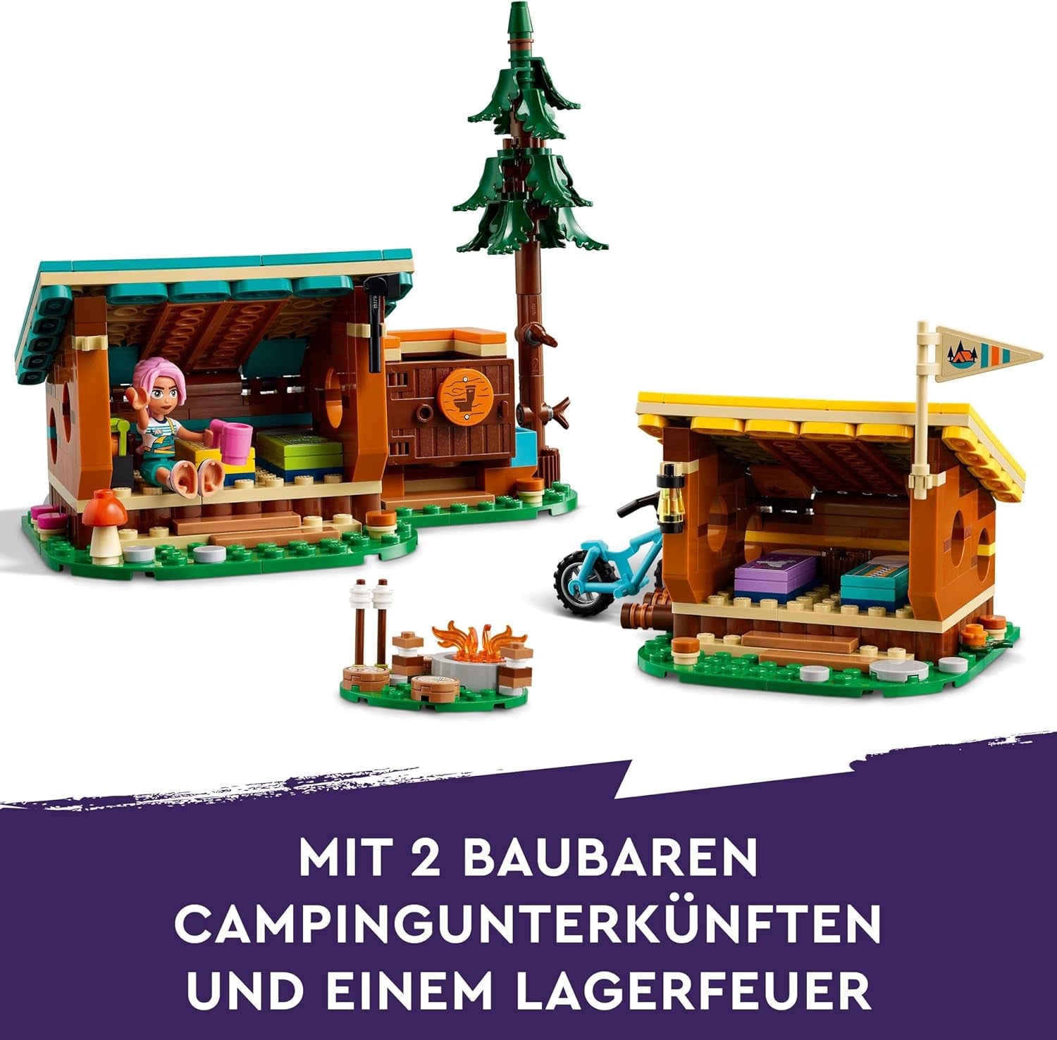 LEGO Friends Capanne accoglienti al campo avventure, set da gioco per giochi di ruolo all'aperto, giocattolo per bambini per ragazze e ragazzi a partire da 7 anni con 3 personaggi e volpe, giocattolo da campeggio 42624 Set da costruzione Besuche den LEGO-Store