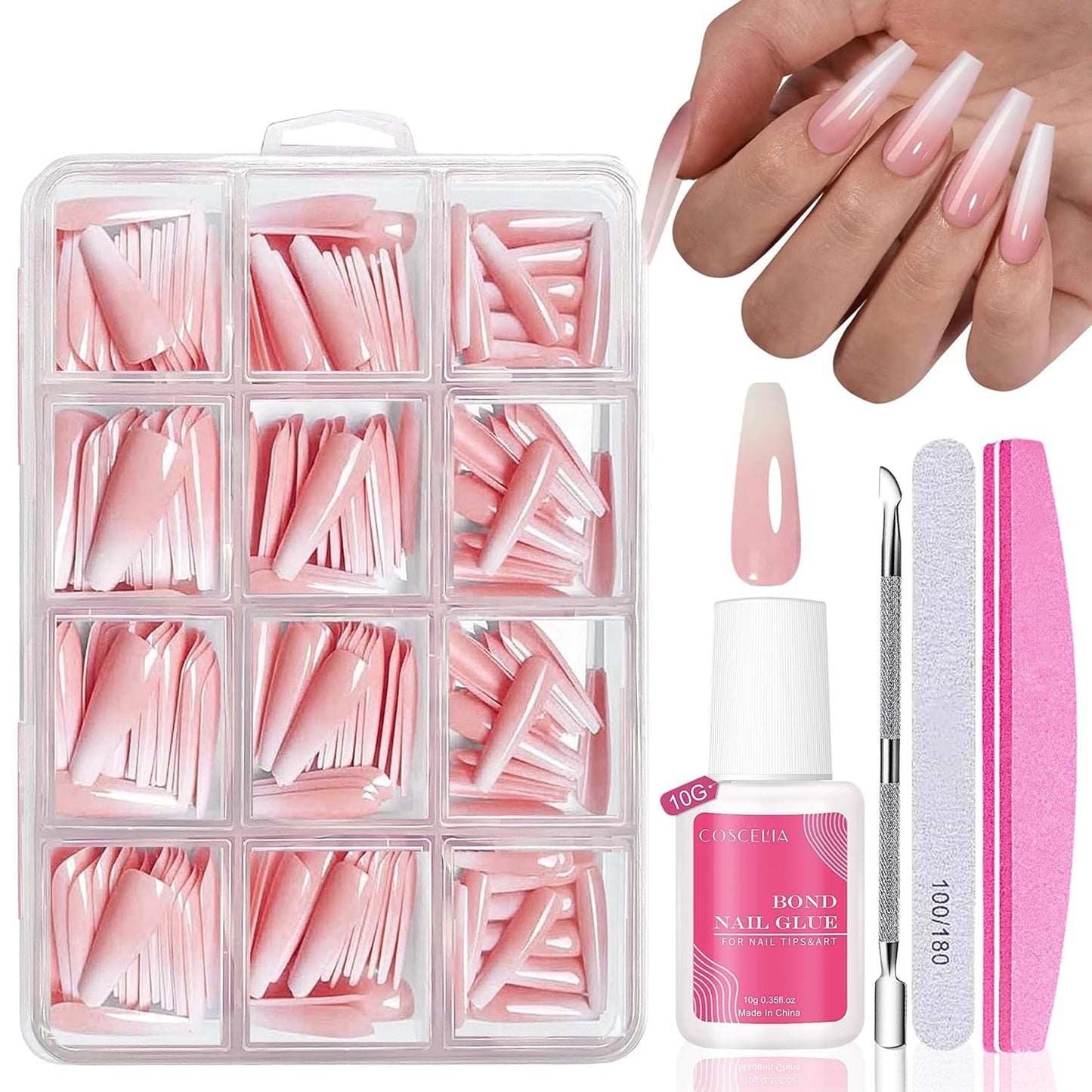 Set Unghie Finte - 240 Pezzi Unghie Finte French Colla - Unghie Finte Con Design Rosa Bianco Sfumato, Copertura Completa, Gel Morbido, Naturale e Comodo Da Indossare (Rosa Mandorla)