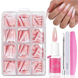 Set Unghie Finte - 240 Pezzi Unghie Finte French Colla - Unghie Finte Con Design Rosa Bianco Sfumato, Copertura Completa, Gel Morbido, Naturale e Comodo Da Indossare (Rosa Mandorla)