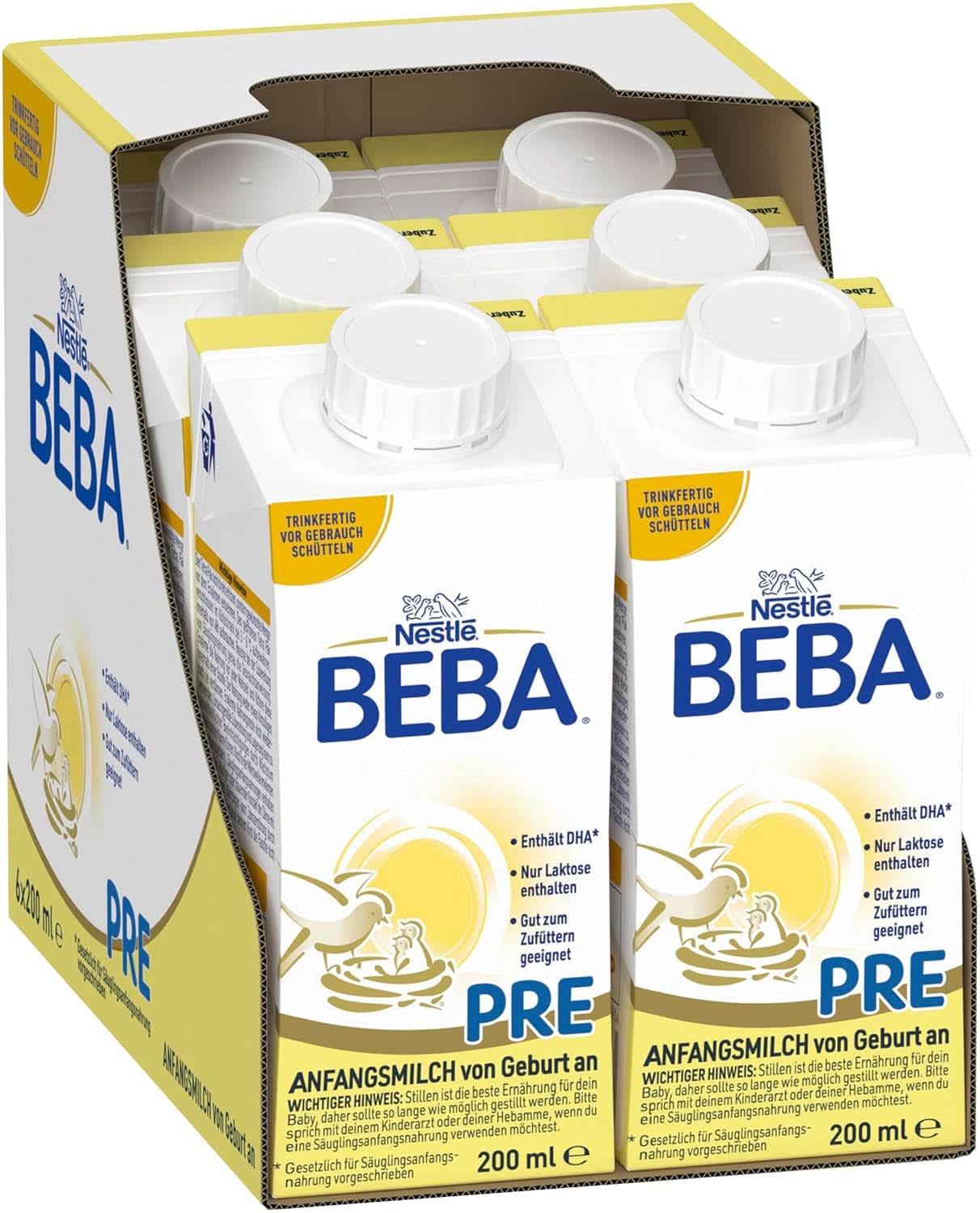 BEBA PRE Latte iniziale dalla nascita, omogeneizzato con DHA, solo lattosio, senza olio di palma, confezione 3 (3 x 800 g) Naty Shop PRE, set 6 x 200 ml 6 x 200 ml