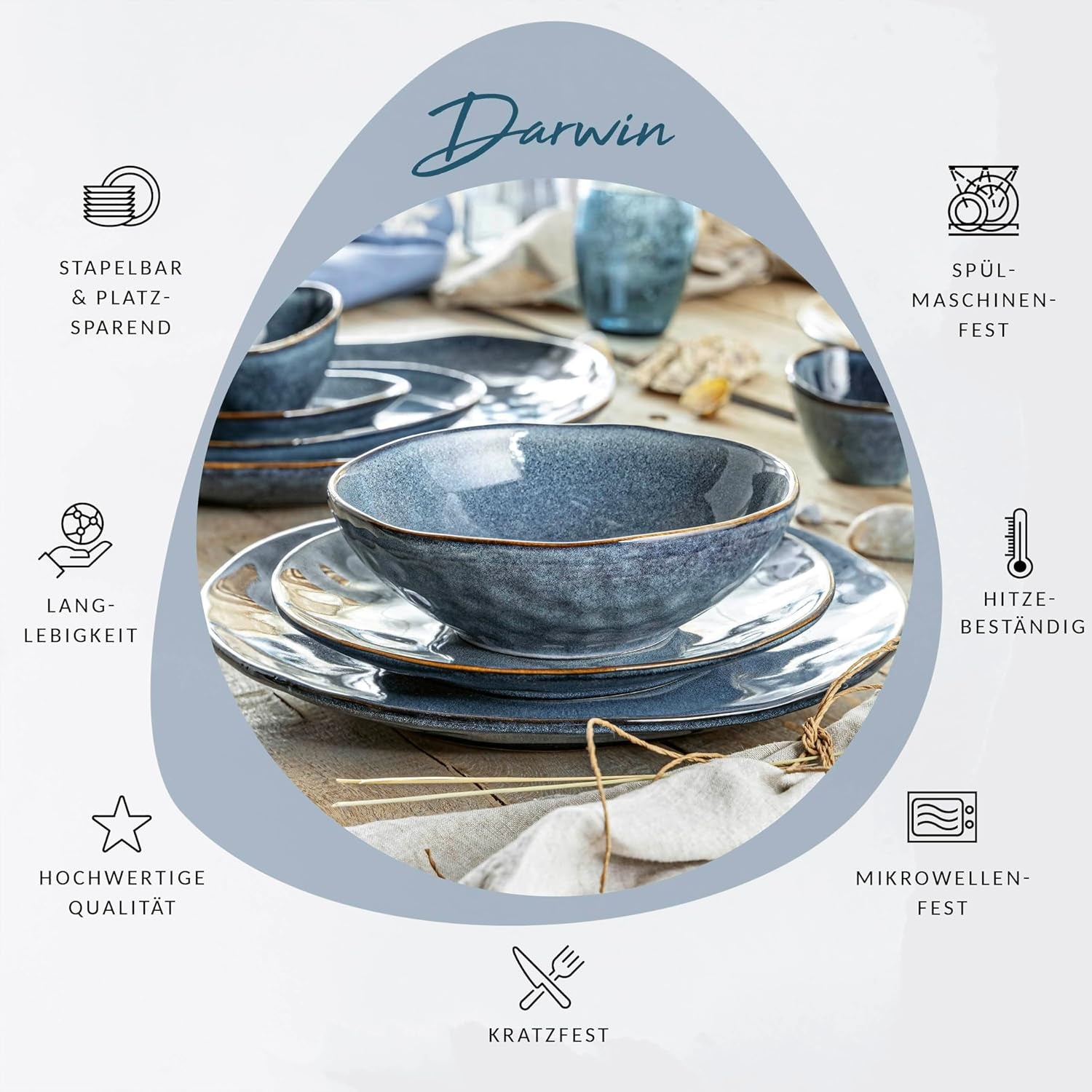 SANGER | Set di stoviglie Darwin da 12 pezzi, set di stoviglie in gres per 4 persone, set di stoviglie blu comprensivo di piatti piani, piatti da dessert e piatti fondi, set di stoviglie fatto a mano | LA COLLEZIONE PREMIUM