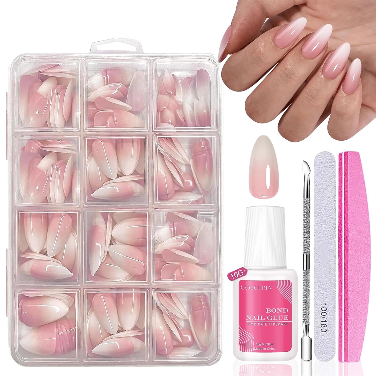 Set Unghie Finte - 240 Pezzi Unghie Finte French Colla - Unghie Finte Con Design Rosa Bianco Sfumato, Copertura Completa, Gel Morbido, Naturale e Comodo Da Indossare (Rosa Mandorla)