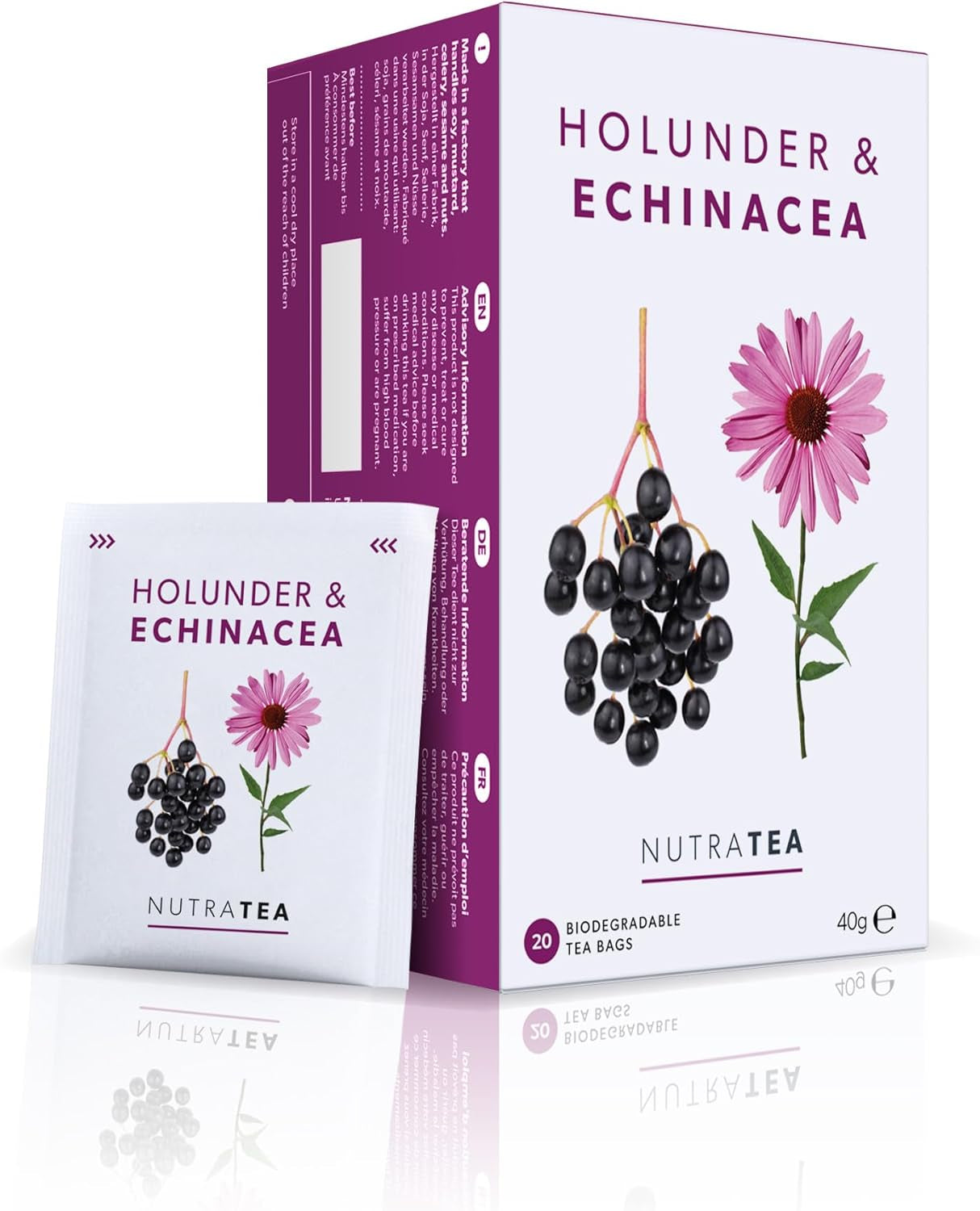 Nutra Tea Sambuco ed Echinacea, Tè per l'immunità e il raffreddore, Tè per il supporto immunitario, Lotta al freddo, 20 bustine di tè riutilizzabili, Tisana naturale