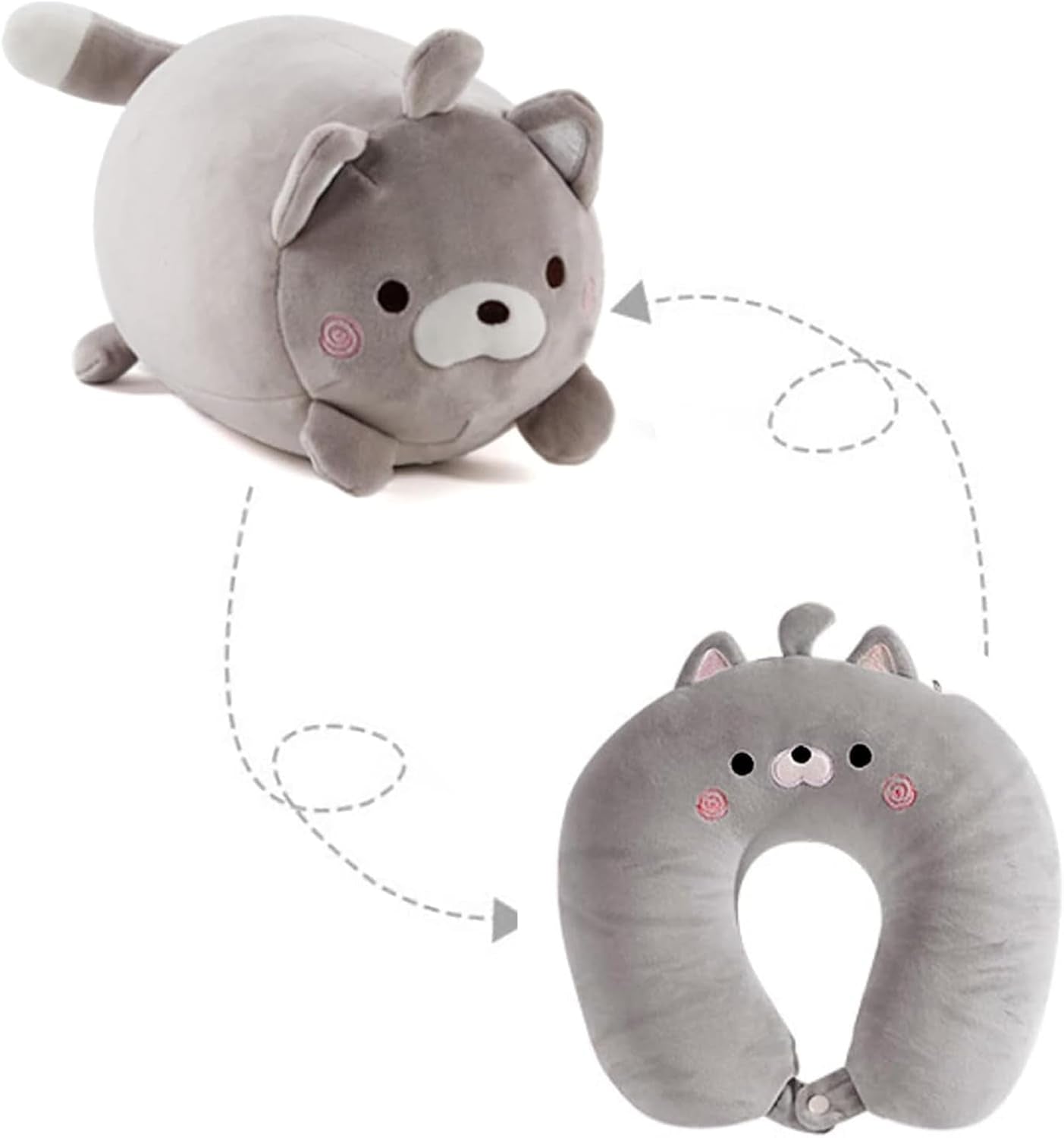 Cuscino per il collo 2 in 1 Cuscino per il collo a forma di U Cuscino per il poggiatesta Cuscino di supporto per il collo Cuscino di supporto per il collo Cuscino per il collo Deformazione per animali di peluche per campeggio Escursionismo Auto Aereo Cuscini ortopedici cervicali Naty Shop Gatto Grigio