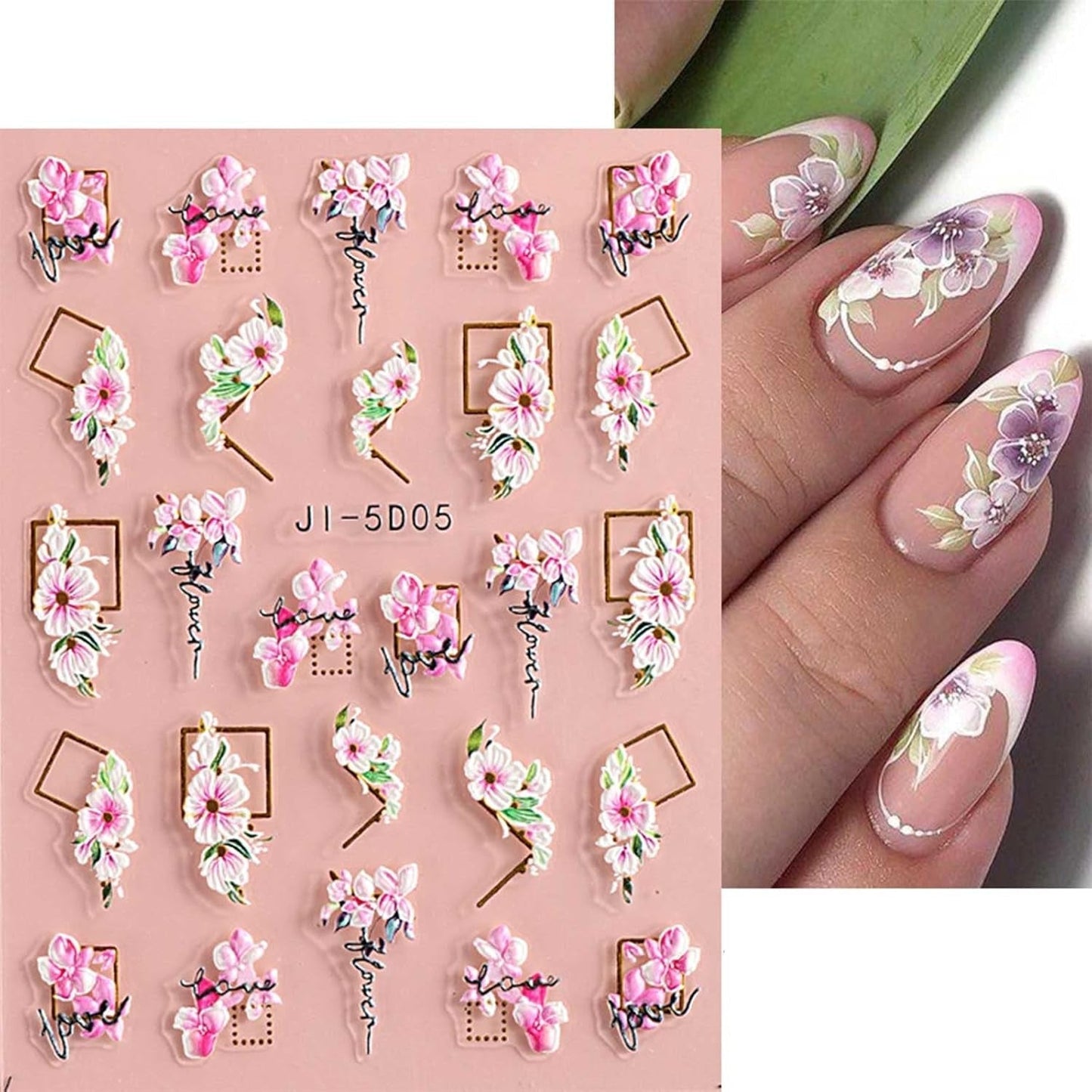 JMEOWIO 3D Nagelsticker Frühling Blume Nail Art Sticker Selbstklebend Nagelaufkleber 5D Stereoscopic Buntes Sommer Blumen Dekoration Nageldesign Zubehör 4 Blatt