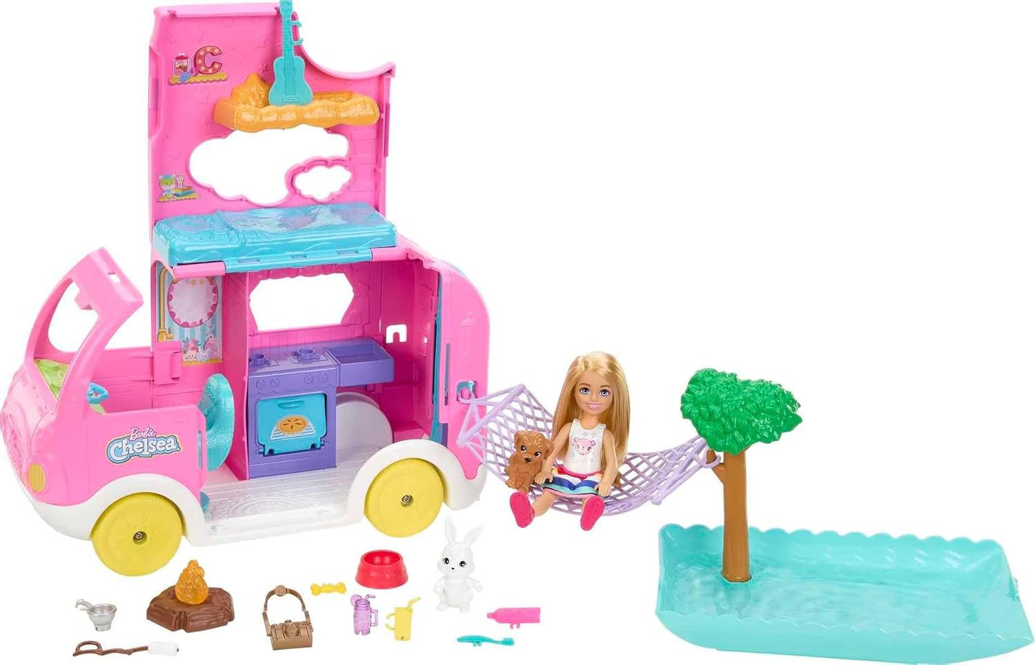Barbie Chelsea Roulotte 2-in-1 - Veicolo giocattolo con piscina, amaca e zona pranzo per giochi fantasiosi e storie, dai 3 anni in su, HNH90