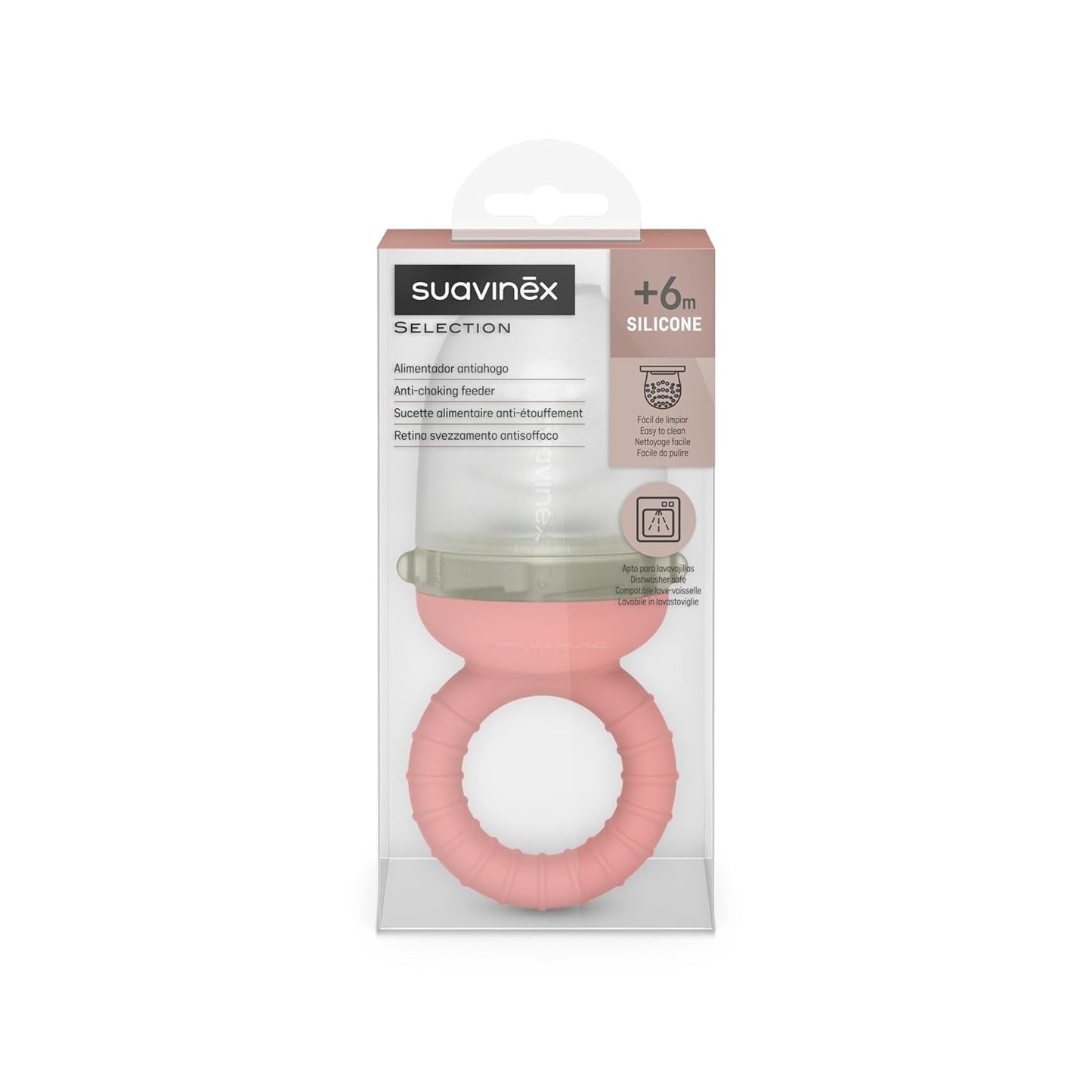 Massaggiagengive Suavinex, a prova di soffocamento, per uso alimentare, silicone, con coperchio, facile da pulire, lavabile in lavastoviglie e adatto al congelatore, lenisce le gengive, da 6 mesi in su, rosa