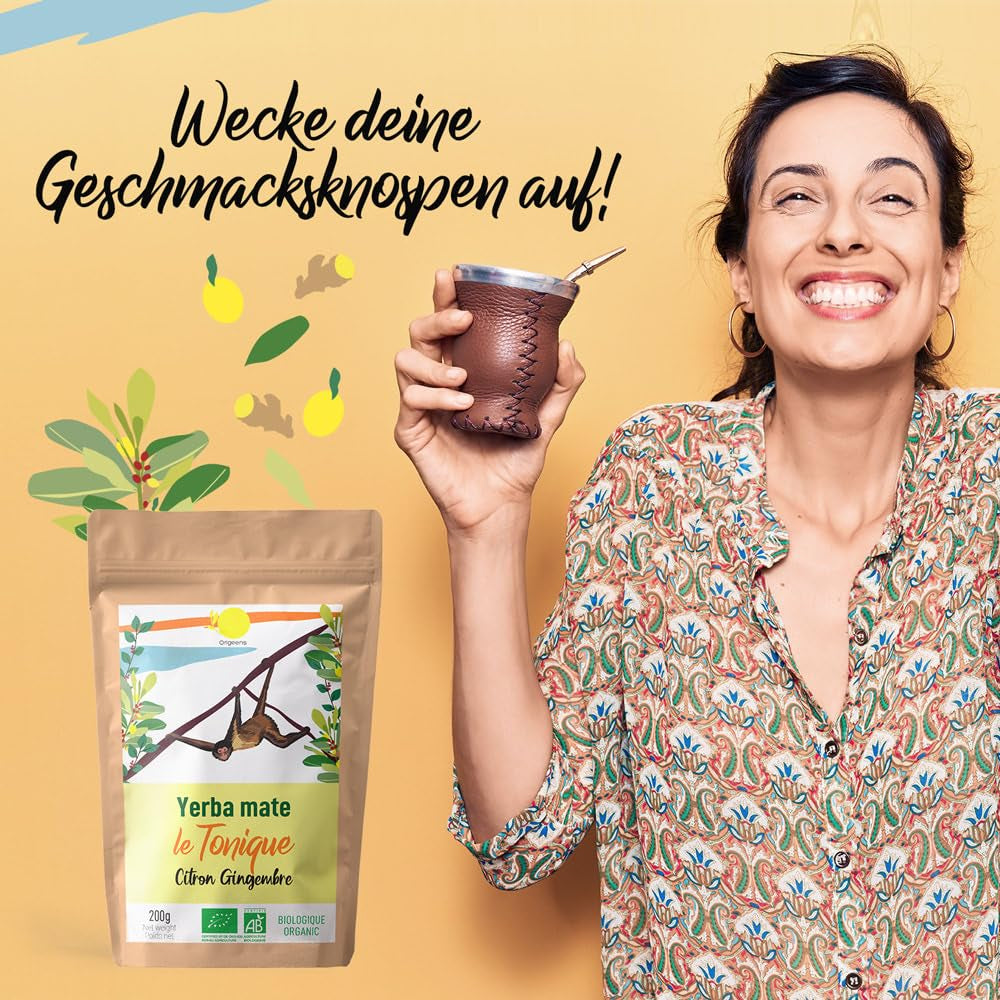 ORIGEENS BIO YERBA MATE CON LIMONE E ZENZERO 200 G - Il tè energizzante I Tè Yerba Mate biologico, non tostato, foglie, senza gambi e polvere