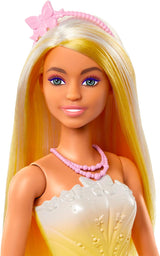 Bambola Barbie Reale con capelli fantasia, ciocche colorate, accessori colorati, top giallo sfumato e gonna a farfalla, HRR09 Bambole Naty Shop