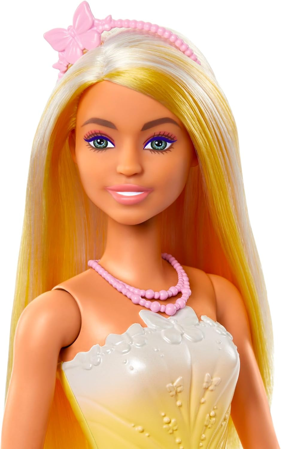 Bambola Barbie Reale con capelli fantasia, ciocche colorate, accessori colorati, top giallo sfumato e gonna a farfalla, HRR09 Bambole Naty Shop