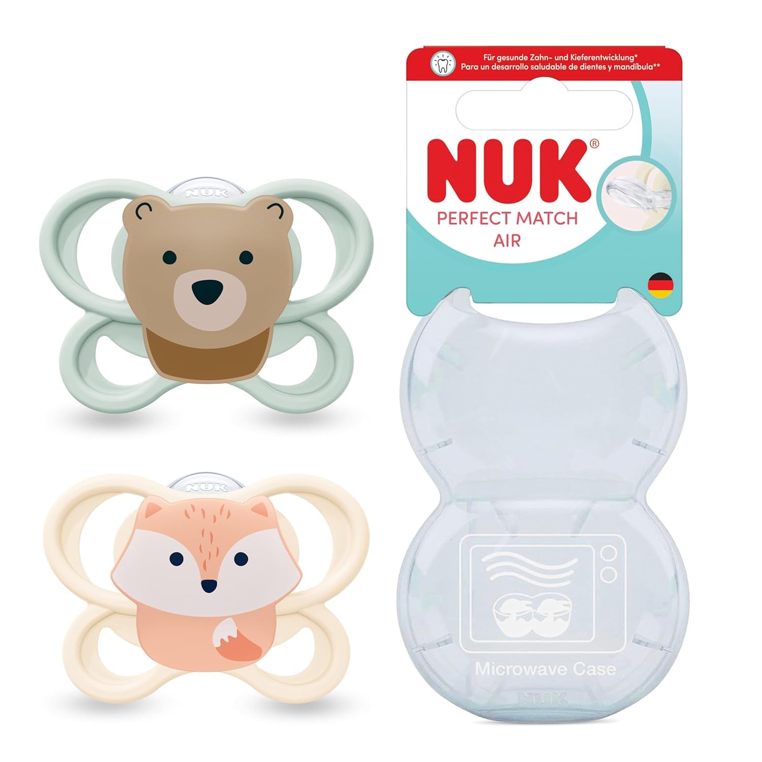 Ciucci NUK Perfect Match per neonati | 0-6 mesi | Ciucci ortodontici che favoriscono la circolazione dell'aria e prevengono la sbavatura | 95% di accettazione da parte dei bambini** | Volpe/Orsacchiotto | Confezione da 2
