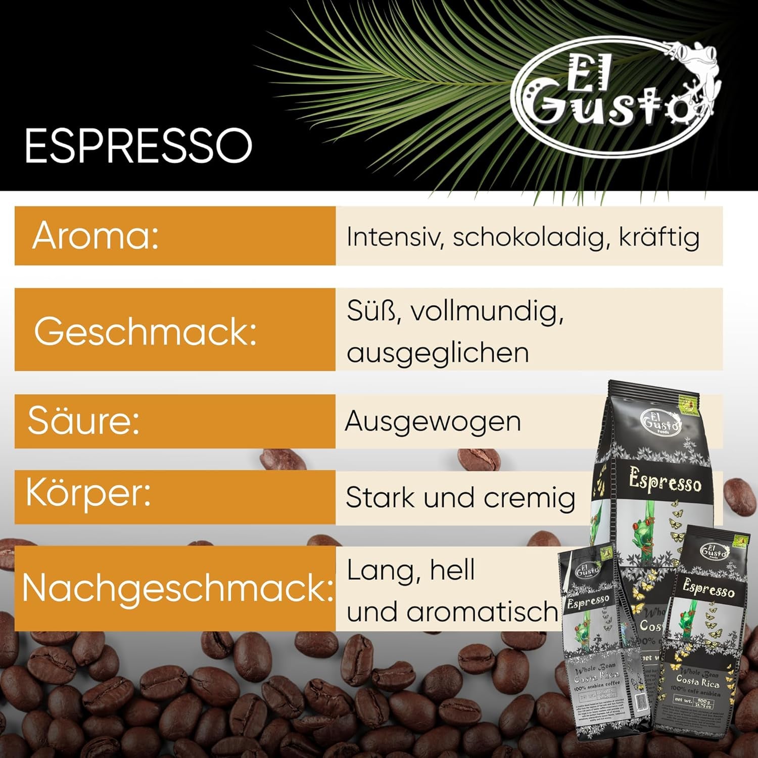 El Gusto Espresso Kaffee aus ganzen Bohnen aus Costa Rica, dunkel geröstet, miscela creativa, 100% Arabica, frischer Gourmet-Kaffee 3er Pack