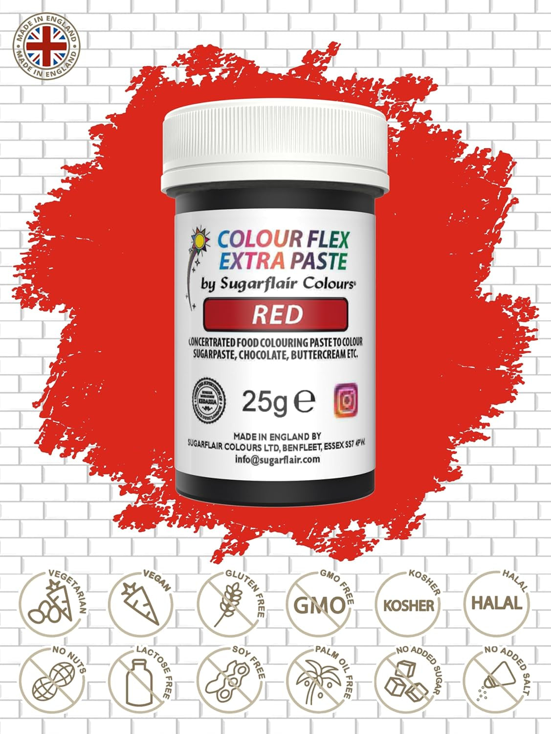 Colorante alimentare Sugarflair Colourflex Extra Paste, rosso - Colorante alimentare commestibile per crema al burro, cioccolato, pasta di zucchero, glassa, fondente, miscele per torte, impasti e altro - 25 g