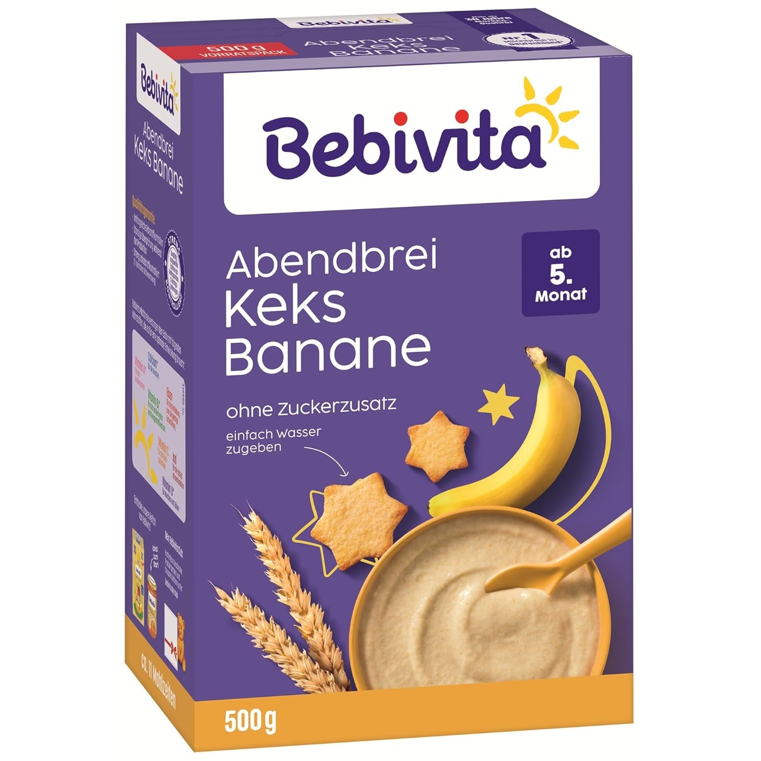 Porridge serale con biscotti e banane (4x500g), porridge di latte di 5 mesi, senza zuccheri aggiunti, con preziosi minerali e vitamine, molto saziante