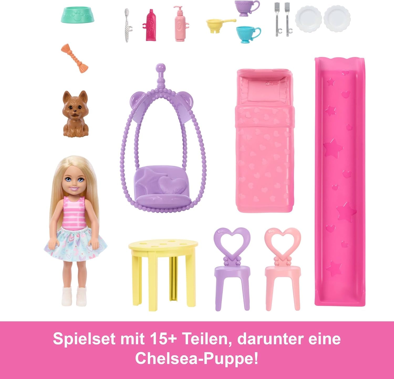 Casa delle bambole Barbie Chelsea con oltre 15 accessori, la casa pop-up si espande fino a 42 x 33 cm con 5 aree gioco e uno scivolo, con una piccola bambola e un cane, JFW49