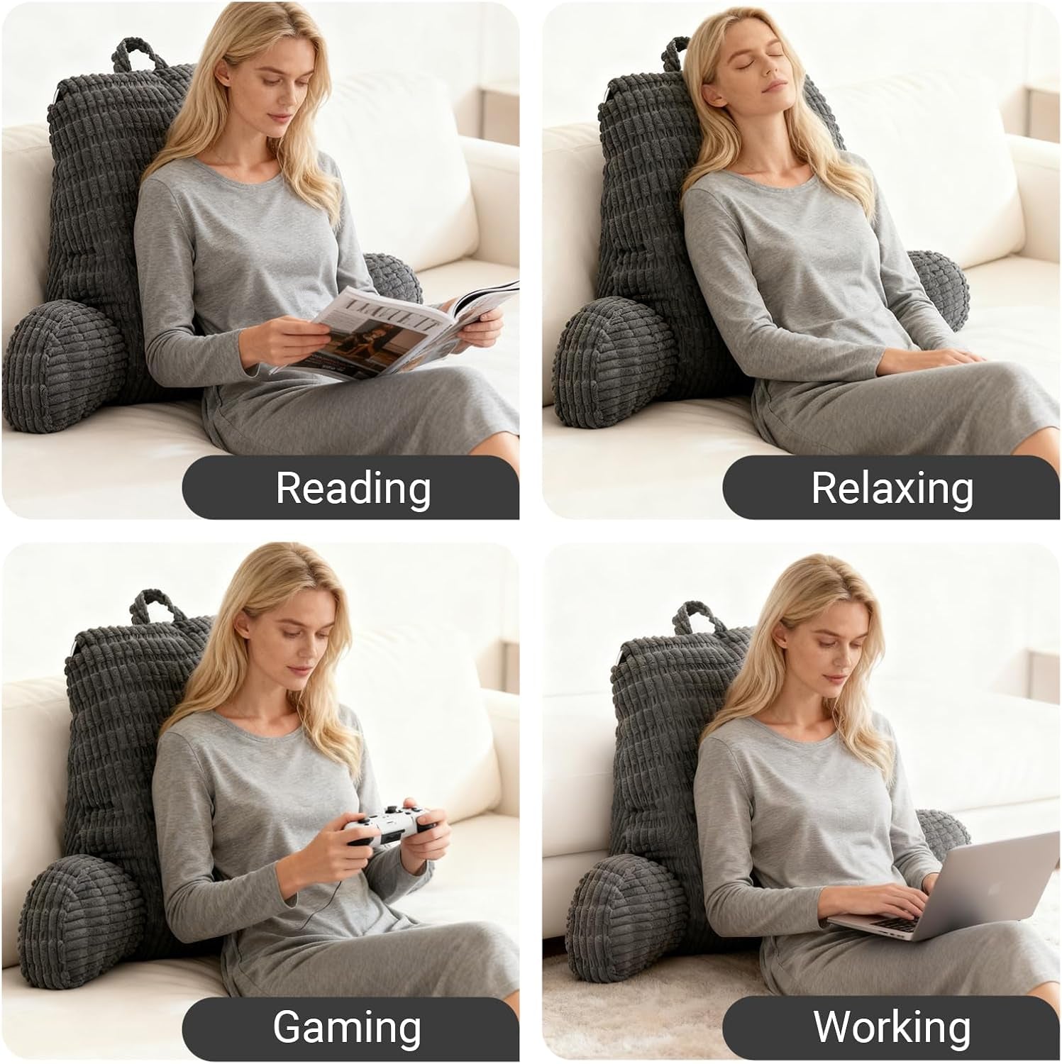 Cuscino da lettura per letto e divano, Cuscino da lettura con poggiapolsi, braccioli e supporto per la schiena, Cuscino per schienale letto per riposare, rilassarsi, leggere, lavorare sul laptop, guardare la TV (Grigio scuro)