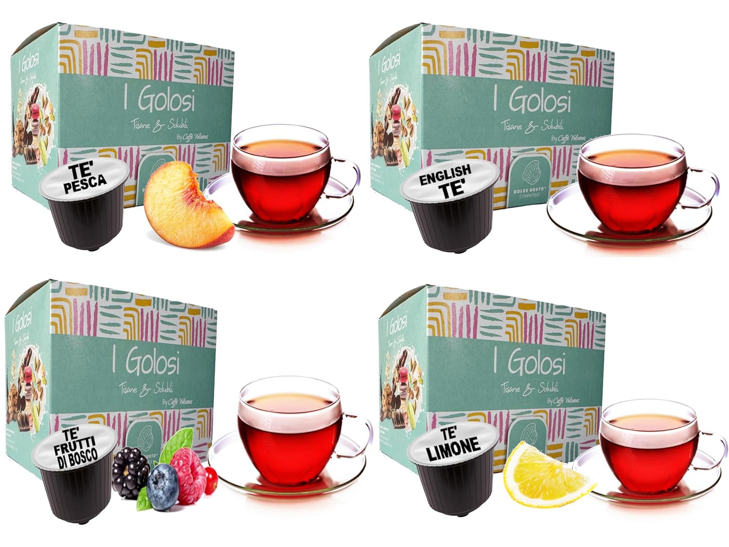Caffè Vulcanus - Miscela di tè da 60 capsule, gusto: tè inglese, tè alla pesca, tè al limone e tè ai frutti di bosco - capsule compatibili con Nescafè Dolce Gusto