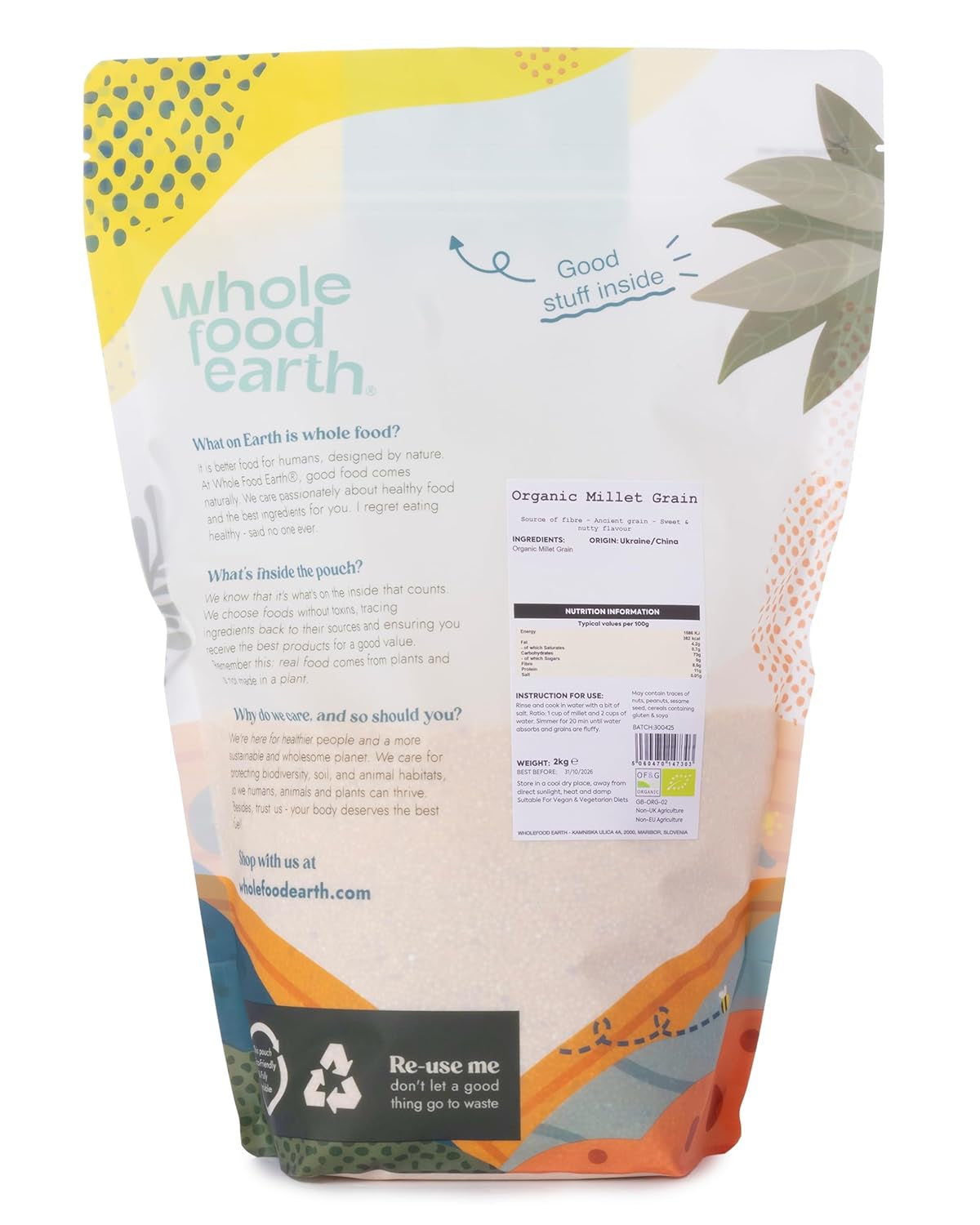 Miglio biologico Integrale Terra 2 kg | Non OGM | Vegano | Ricco di fibre | Certificato biologico