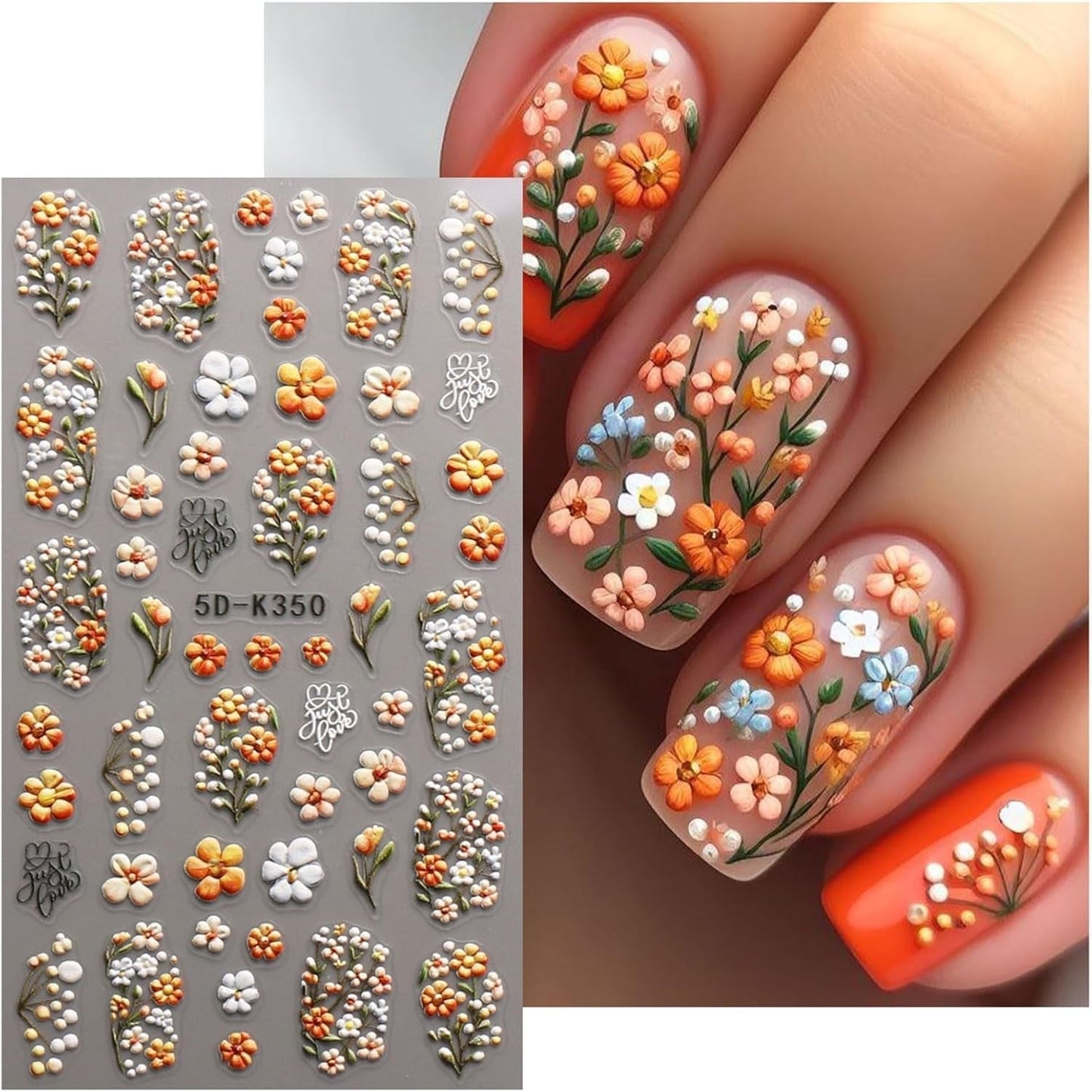JMEOWIO 3D Nagelsticker Blumen Nail Art Sticker Self-klebend Nagelaufkleber 5D Stereoscopico Herbst Blumen Dekoration Nageldesign Zubehör 4 Blatt