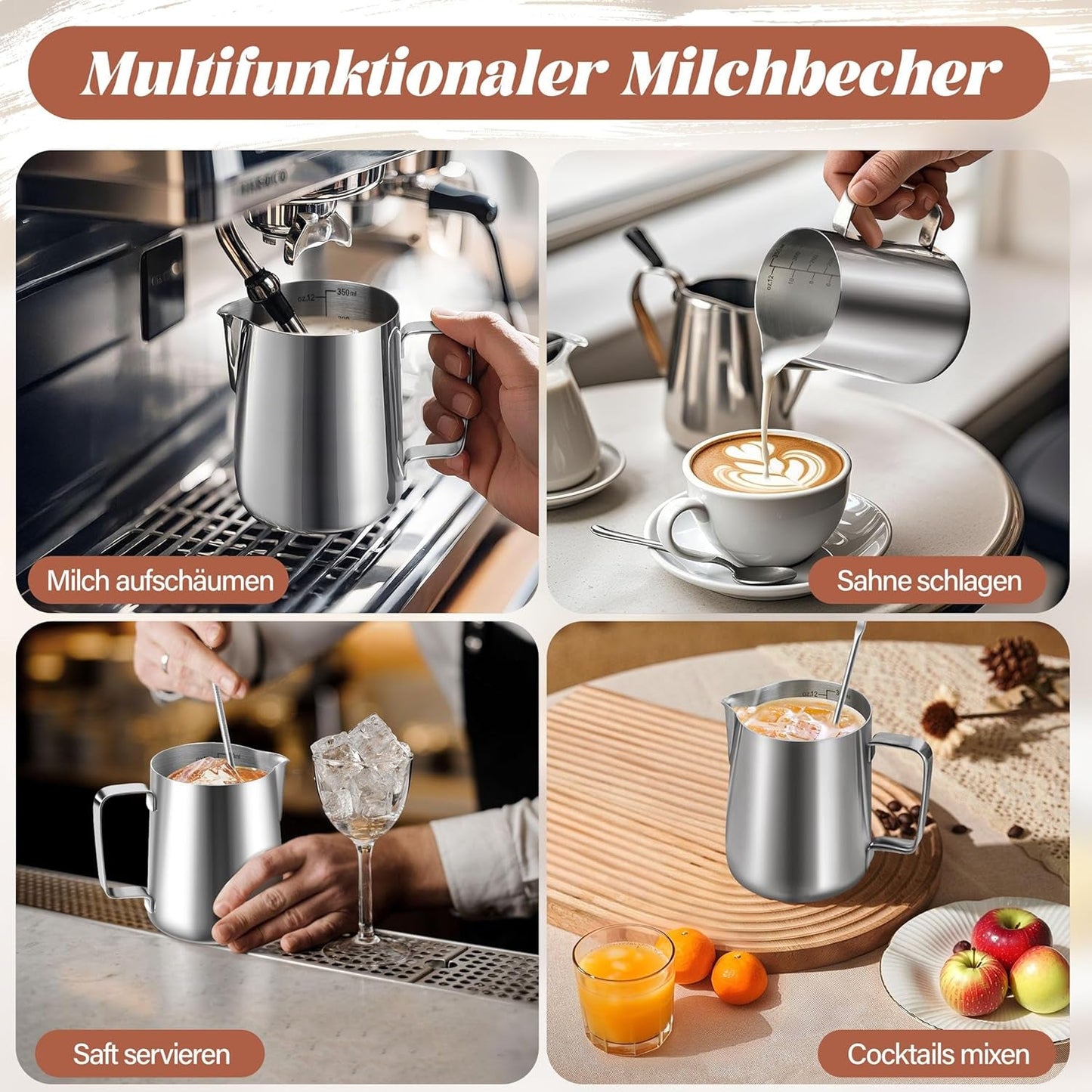 Tazza da latte, Tazza da latte in acciaio inossidabile da 350 ml con segno di misurazione, Accessorio Barista, Tazza da latte per cappuccino, Espresso, Latte Art, Amanti del caffè, Argento, 355 ml