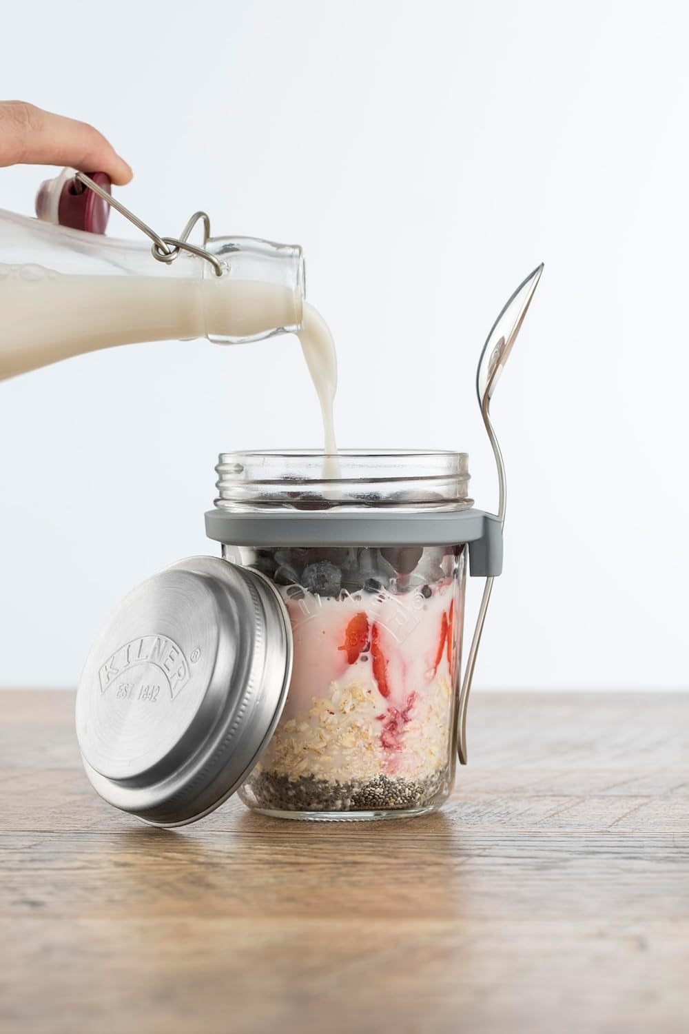 Barattolo per colazione Kilner con cucchiaio / 350 ml, Ø 9,5 cm / 5 pezzi | tazza di muesli da asporto / non tossico / contenitore in vetro con coperchio per muesli, porridge e yogurt / contenitore per avena durante la notte Naty Shop Food Storage Boxes