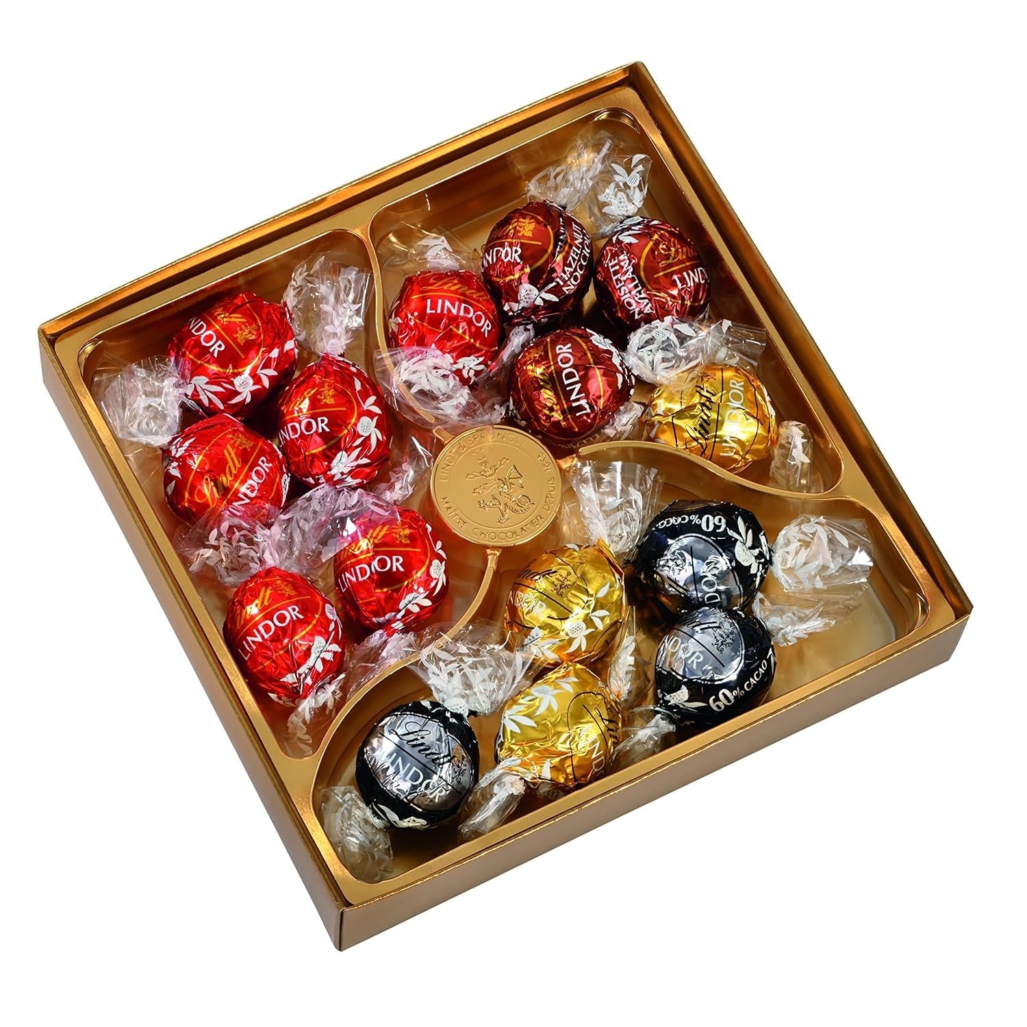 Confezione regalo Lindt LINDOR con cioccolatini assortiti, ca. 15 tartufi LINDOR, 4 varietà (cioccolato al latte, cioccolato bianco, cioccolato fondente 60% e nocciola), 187 g