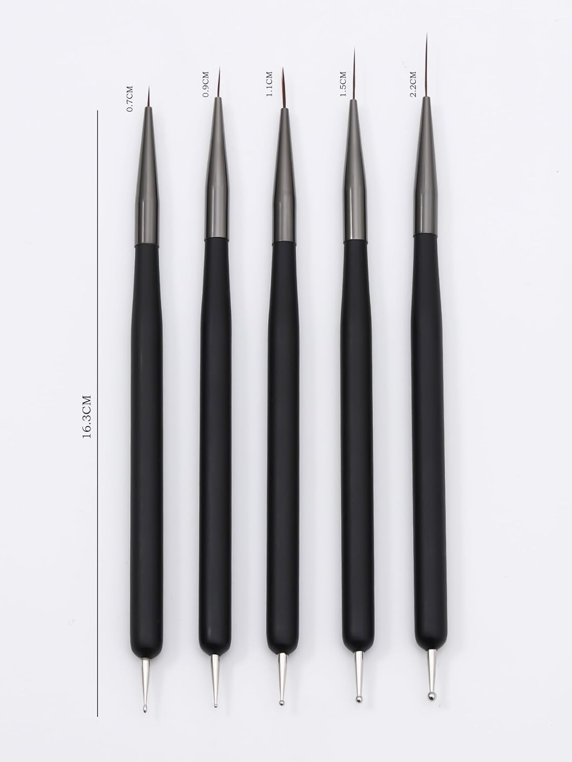 Nagelkunst-Pinsel, 5 Stück, Nailart-Pinsel, Punktierstift-Werkzeuge, Malkunst-Design-Pinsel-Set Für Lange Linien, Dünne Details, Feine Zeichnungsgrößen 7/9/11/15/22 Mm, Nero