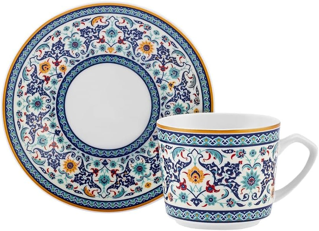 KARACA Beylerbeyi - Set di tazze da caffè turco da 12 pezzi Set di tazze da caffè espresso in porcellana da 6 con piattini Set di tazze da caffè espresso da 80 ml Design tradizionale - Blu