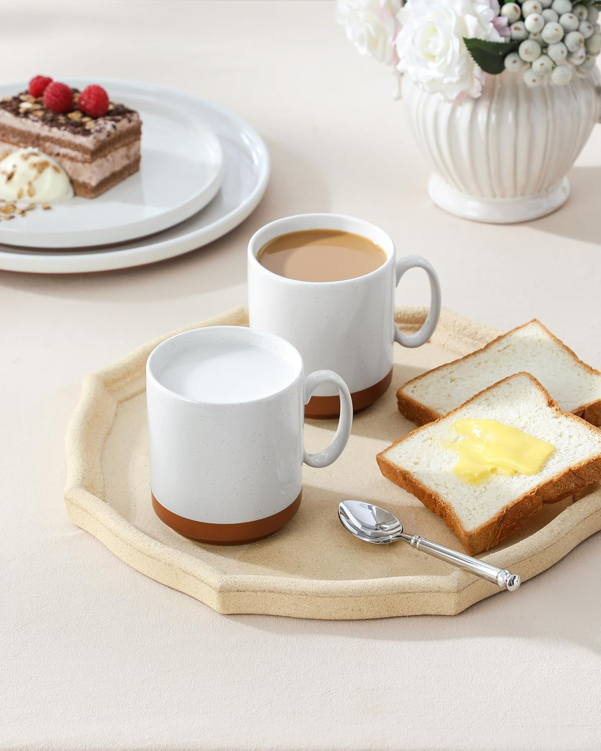 Set tazze da caffè MALACASA, set di tazze in gres da 350 ml per 4 persone, tazze da caffè moderne per tè, succo di frutta, latte, cappuccino, cioccolata calda. Lavabile in lavastoviglie e adatta al microonde, serie TARA, bianco kaki